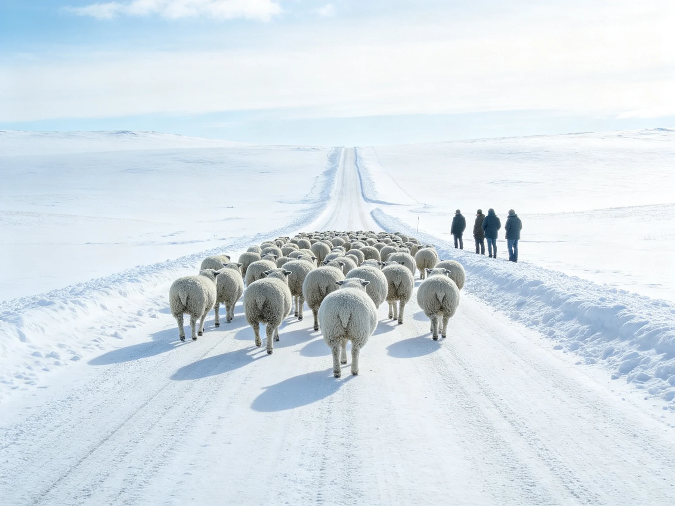 Sheep Flock on Snow-Covered Road with Four Onlookers