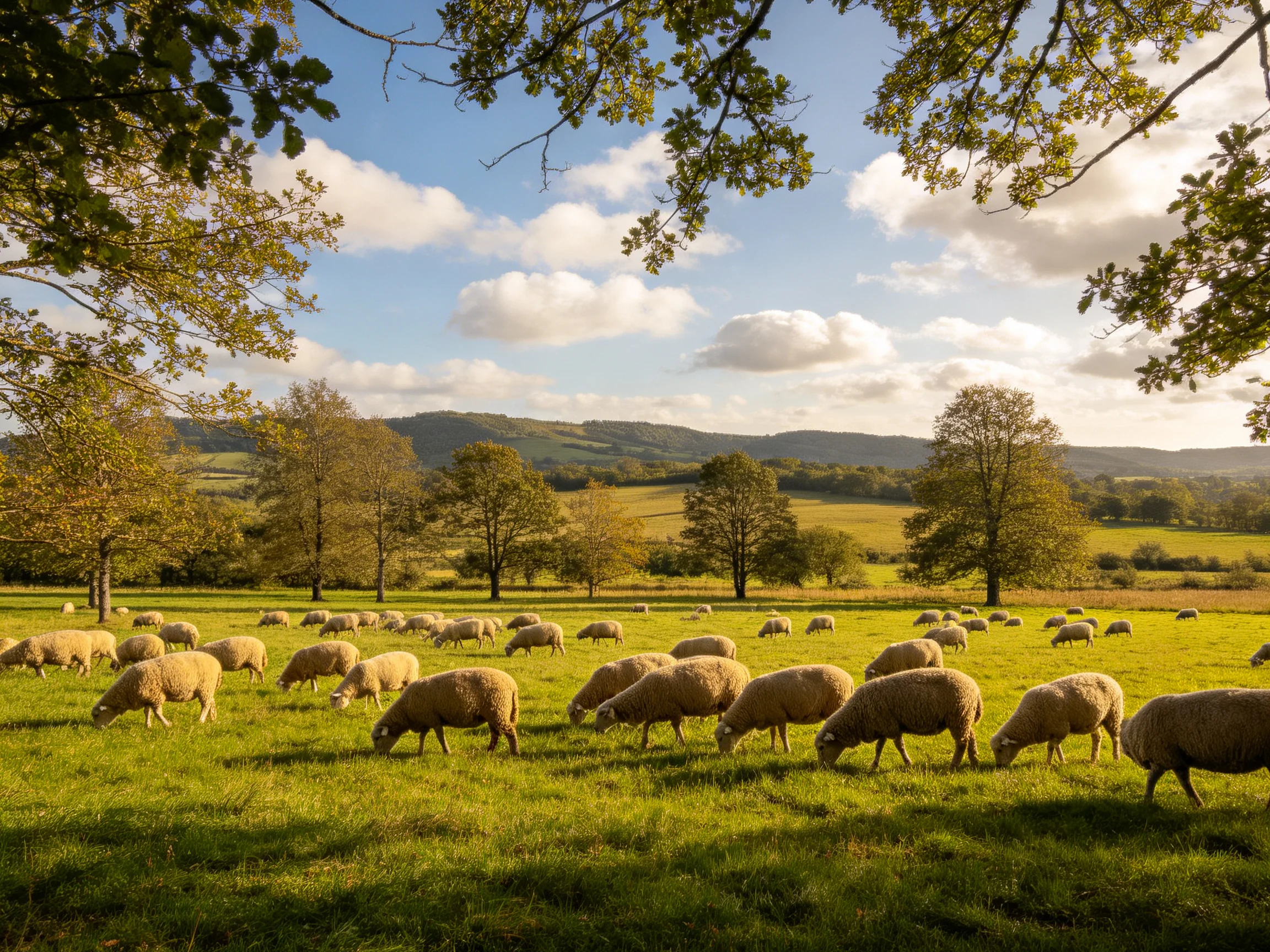 Sheep Graze in Lush Green Pasture Under Golden Light