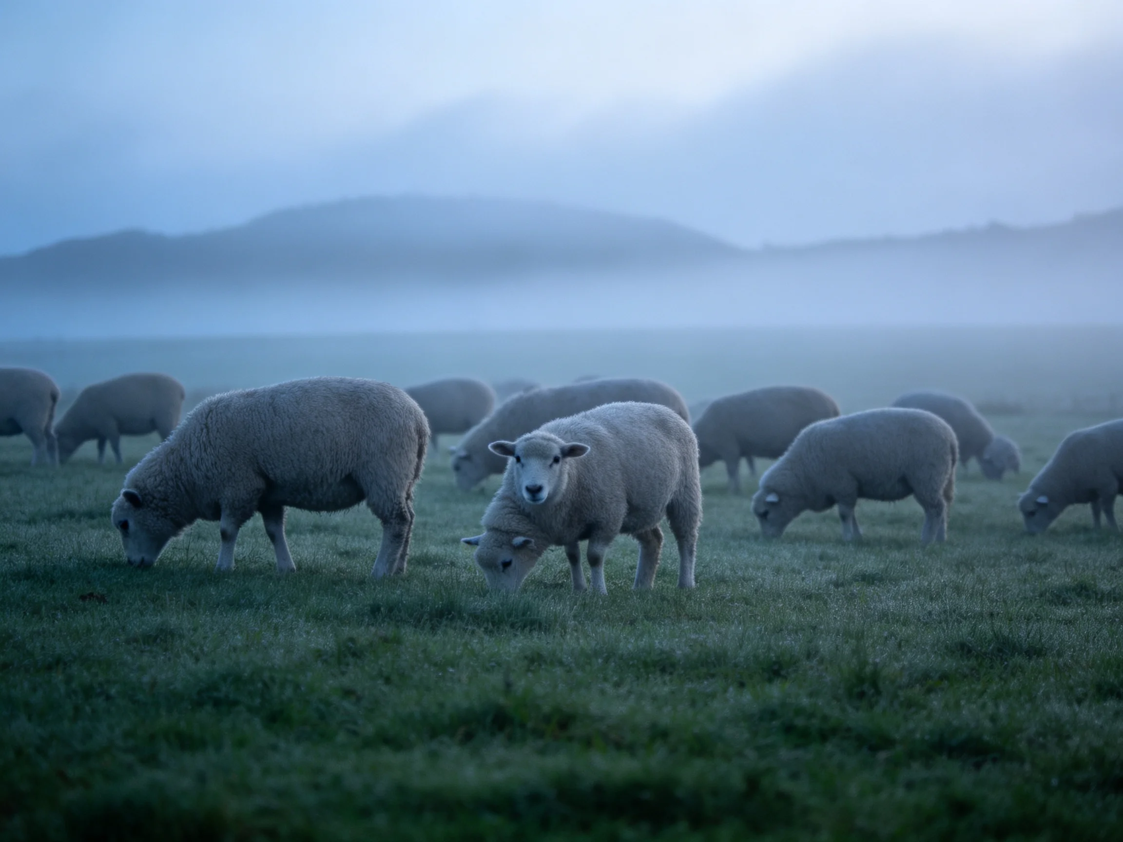 Sheep Graze in a Misty Field Near Hazy Mountains