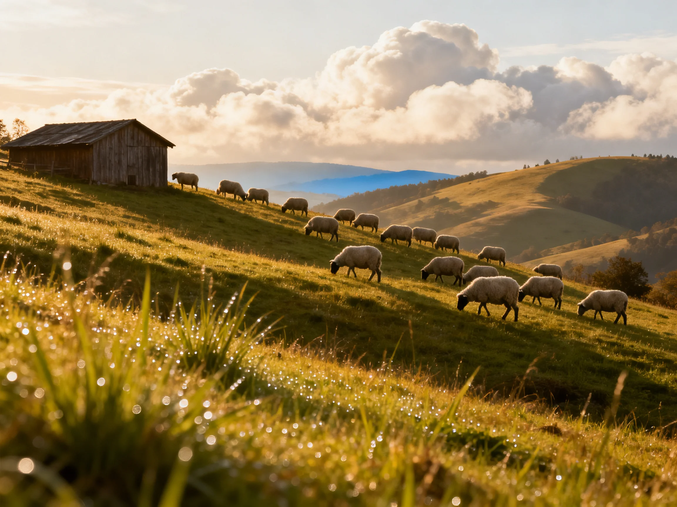 Sheep Graze on Golden Rolling Hills Near Wooden Barn