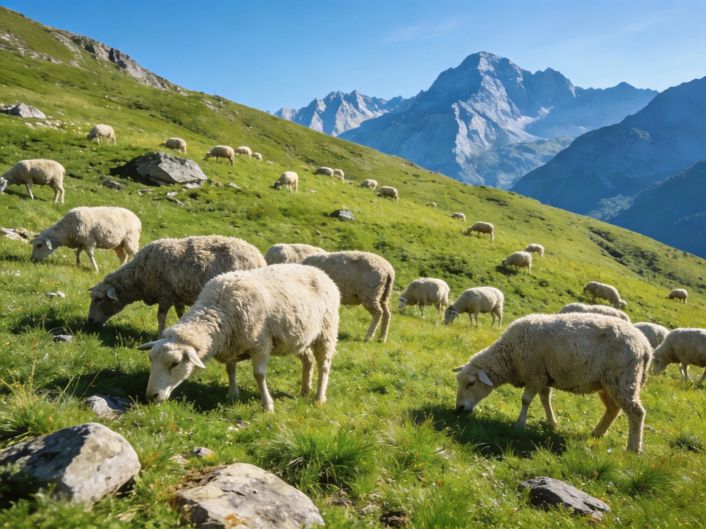 Sheep Graze on Lush Green Hillside Near Mountain Peaks
