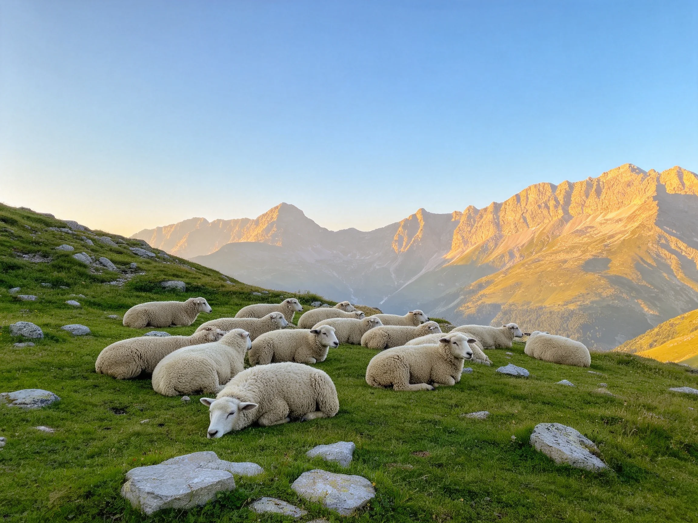 Sheep Resting on Green Hillside Near Golden Mountain Peaks