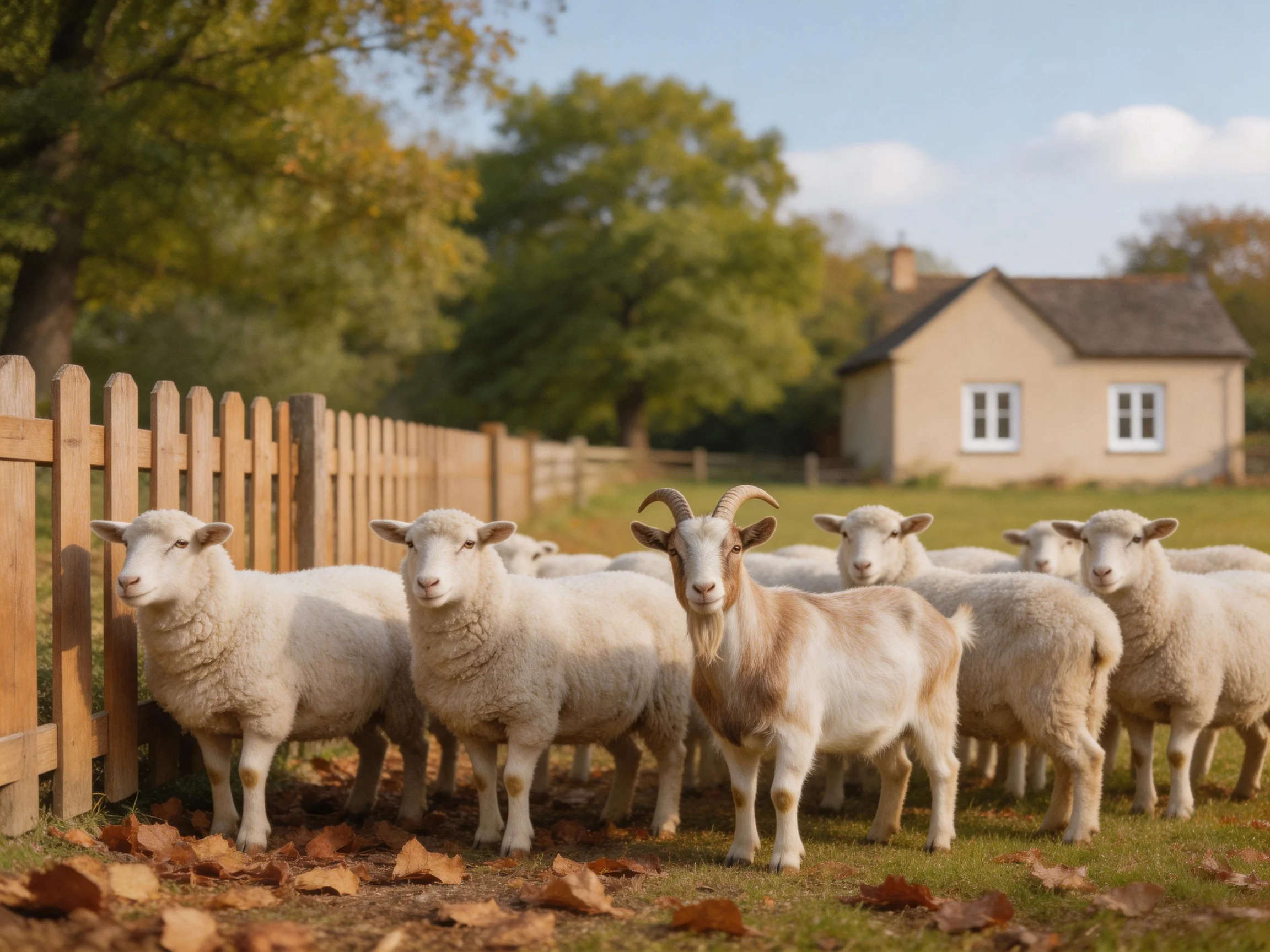 Sheep and goat near wooden fence by rural house