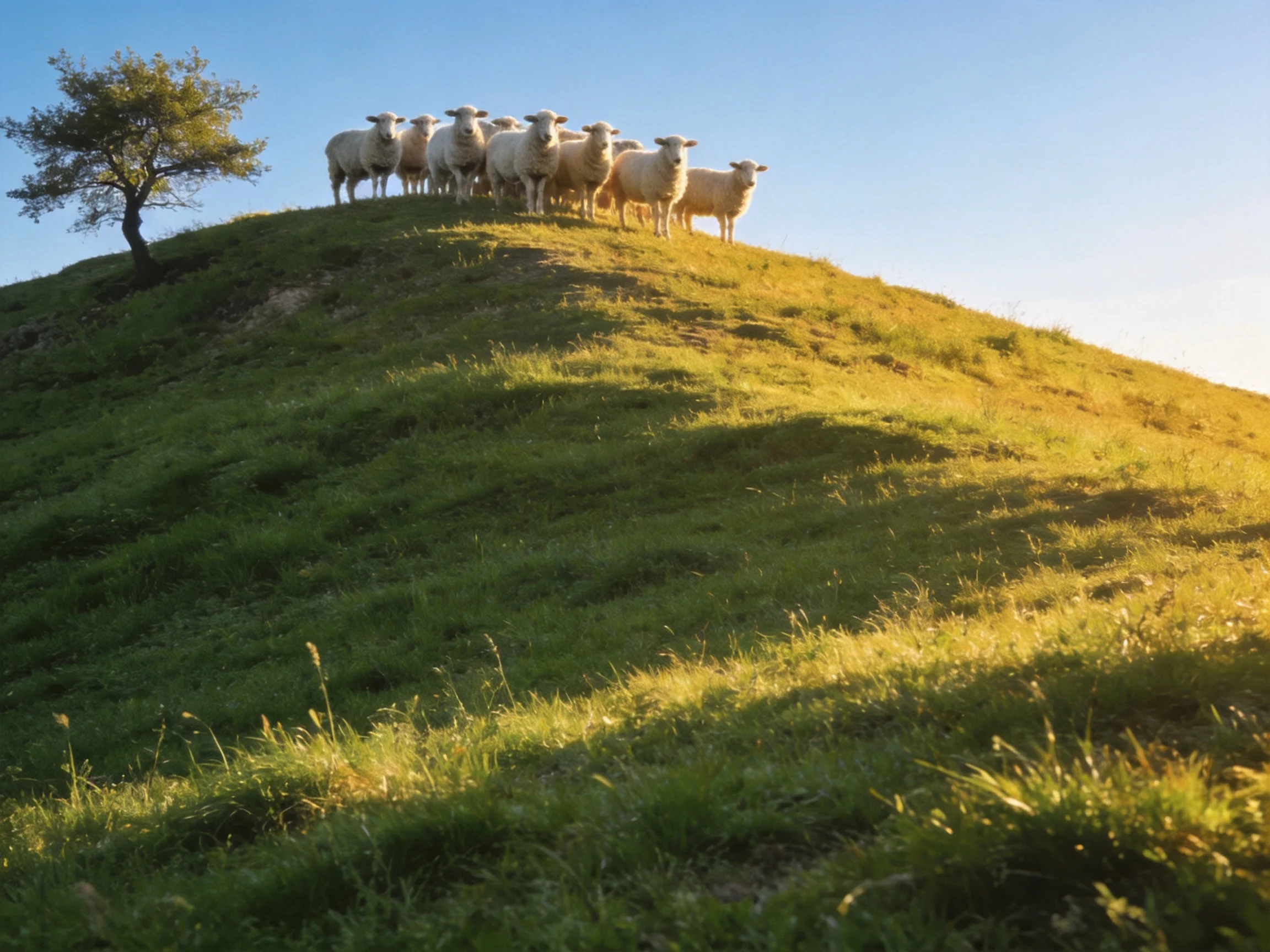 Sheep cluster on a sunlit green hillside near a single tree