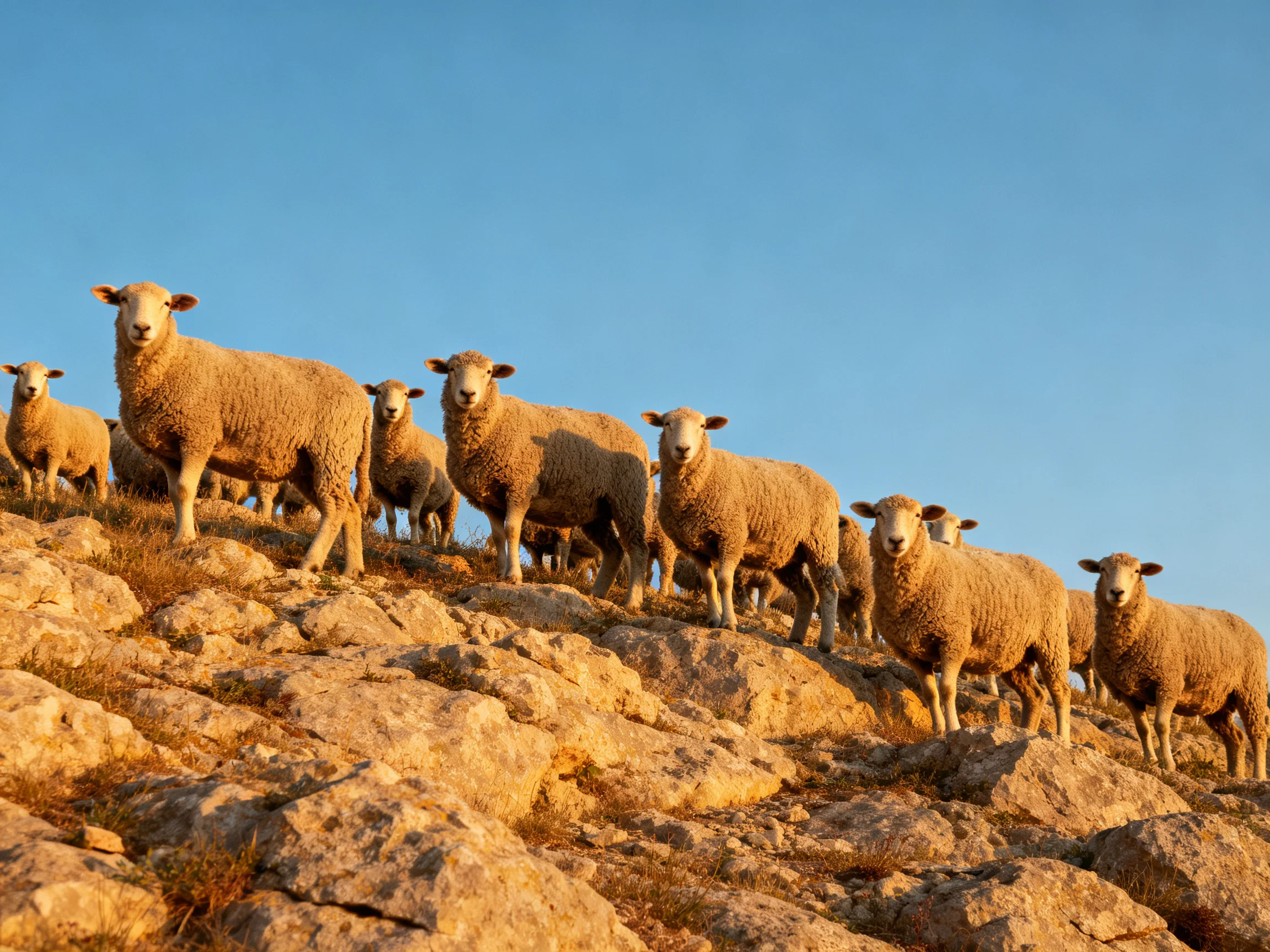 Sheep cluster on rocky hillside beneath clear blue sky