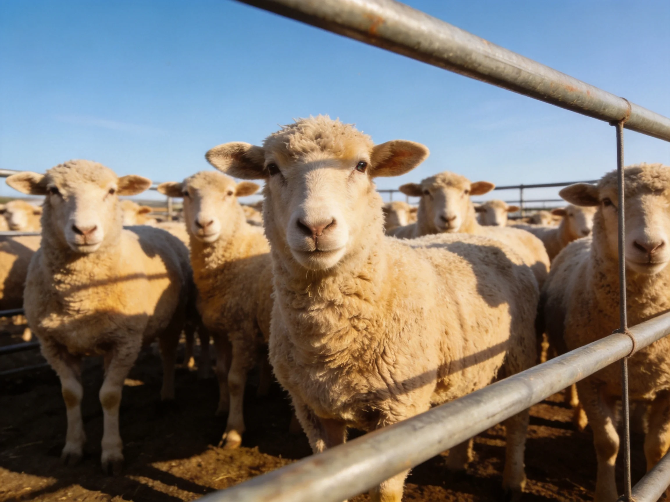 Sheep clustered behind metal fencing in sunny outdoor enclosure