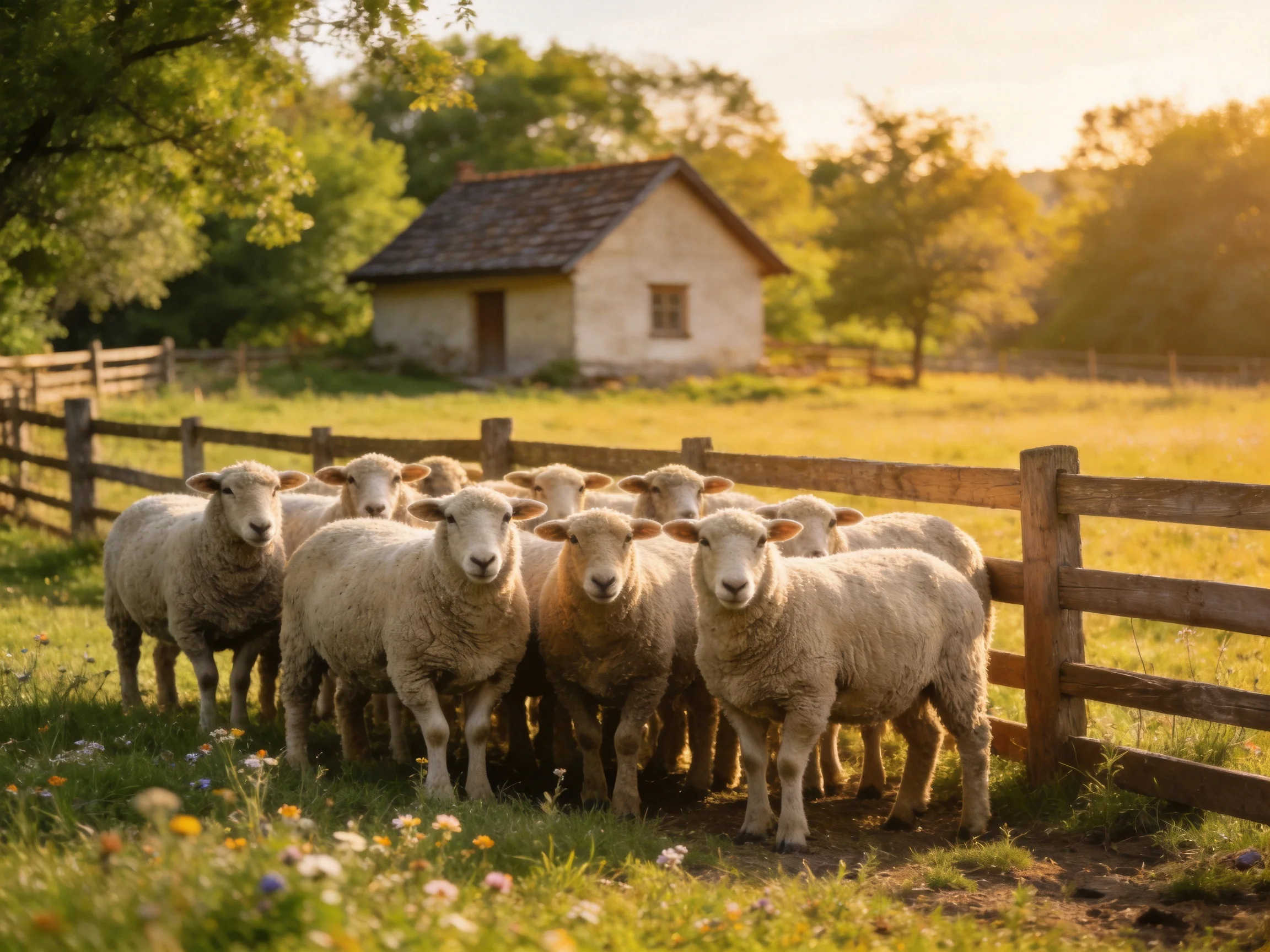 Sheep clustered by a wooden fence near a stone cottage in golden light