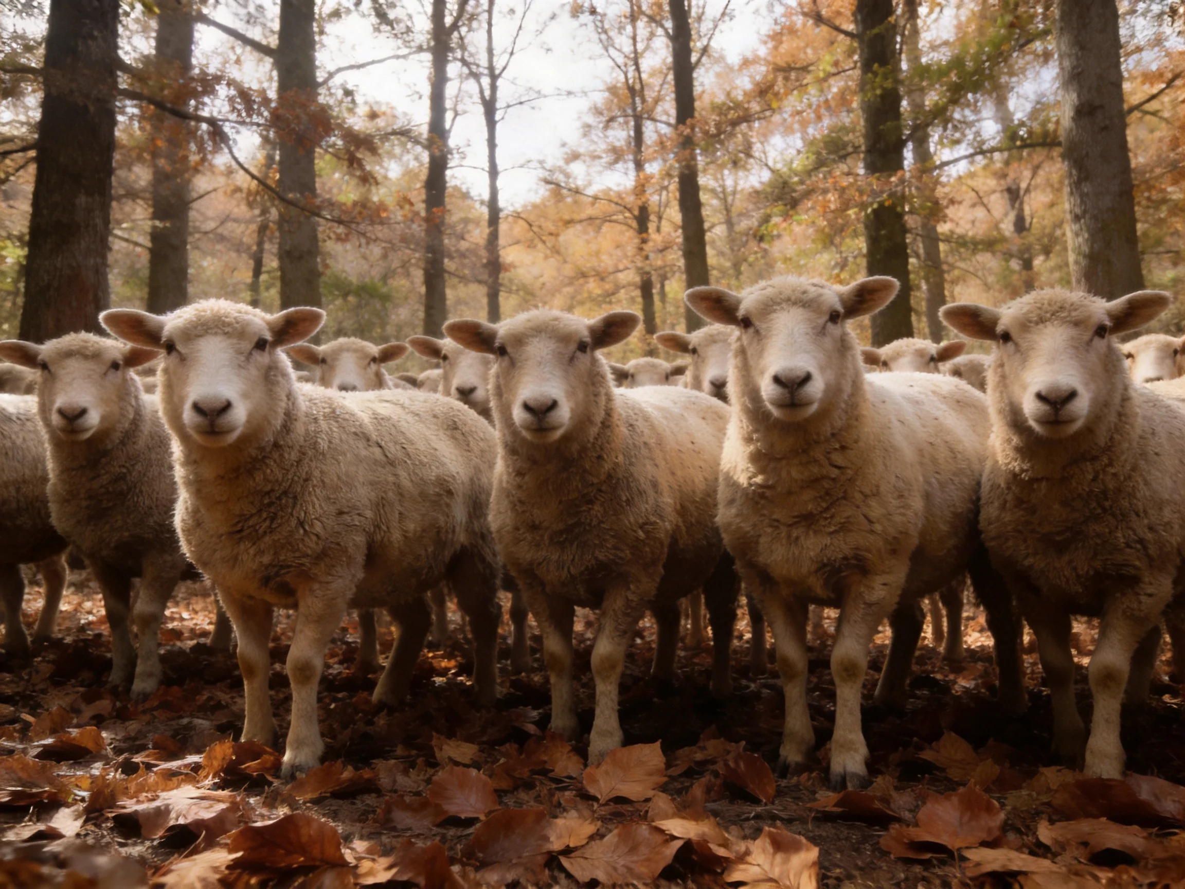 A group of sheep gathers closely together in a forest with autumn foliage.