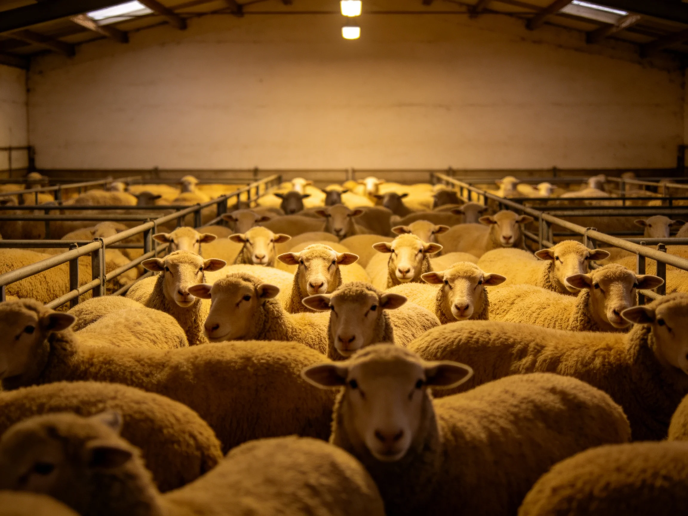 Sheep densely packed in a warmly lit indoor enclosure