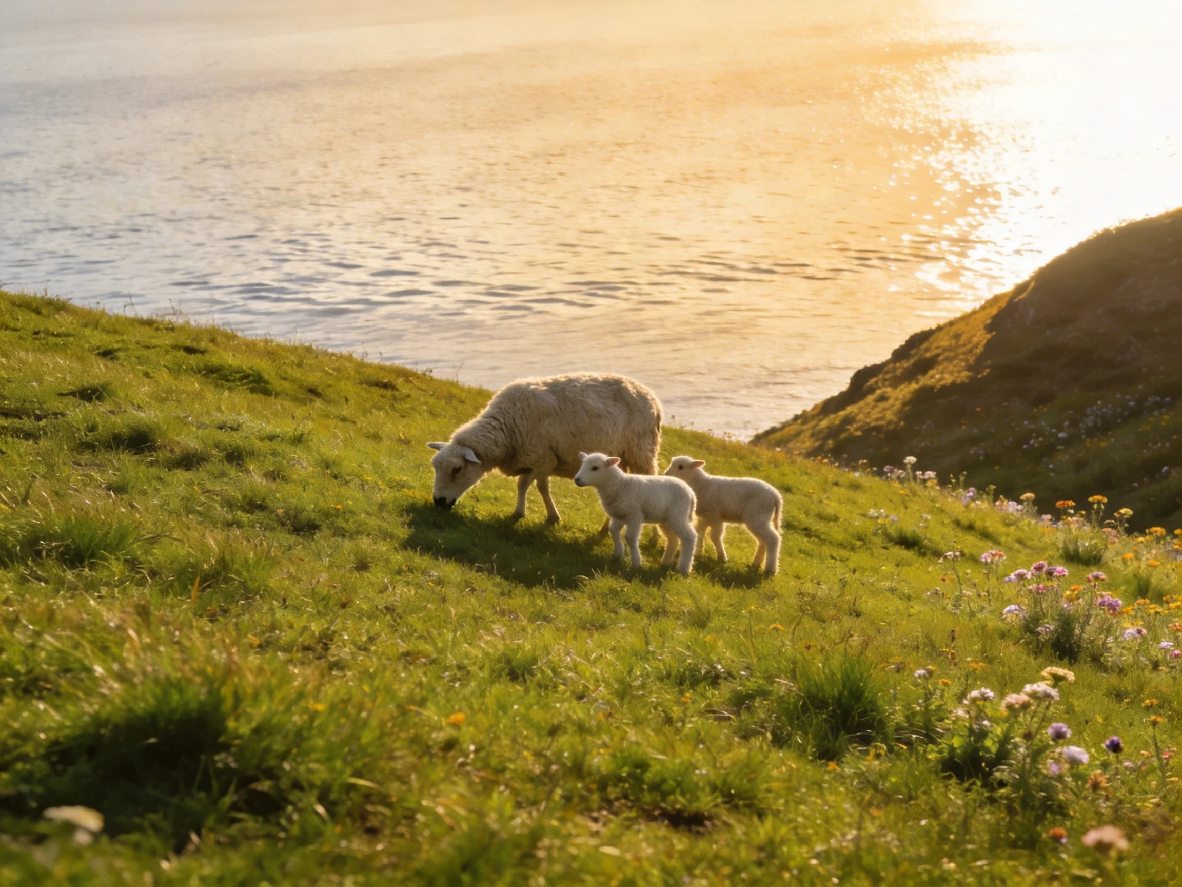 Sheep family grazing on a lush coastal hillside at golden hour