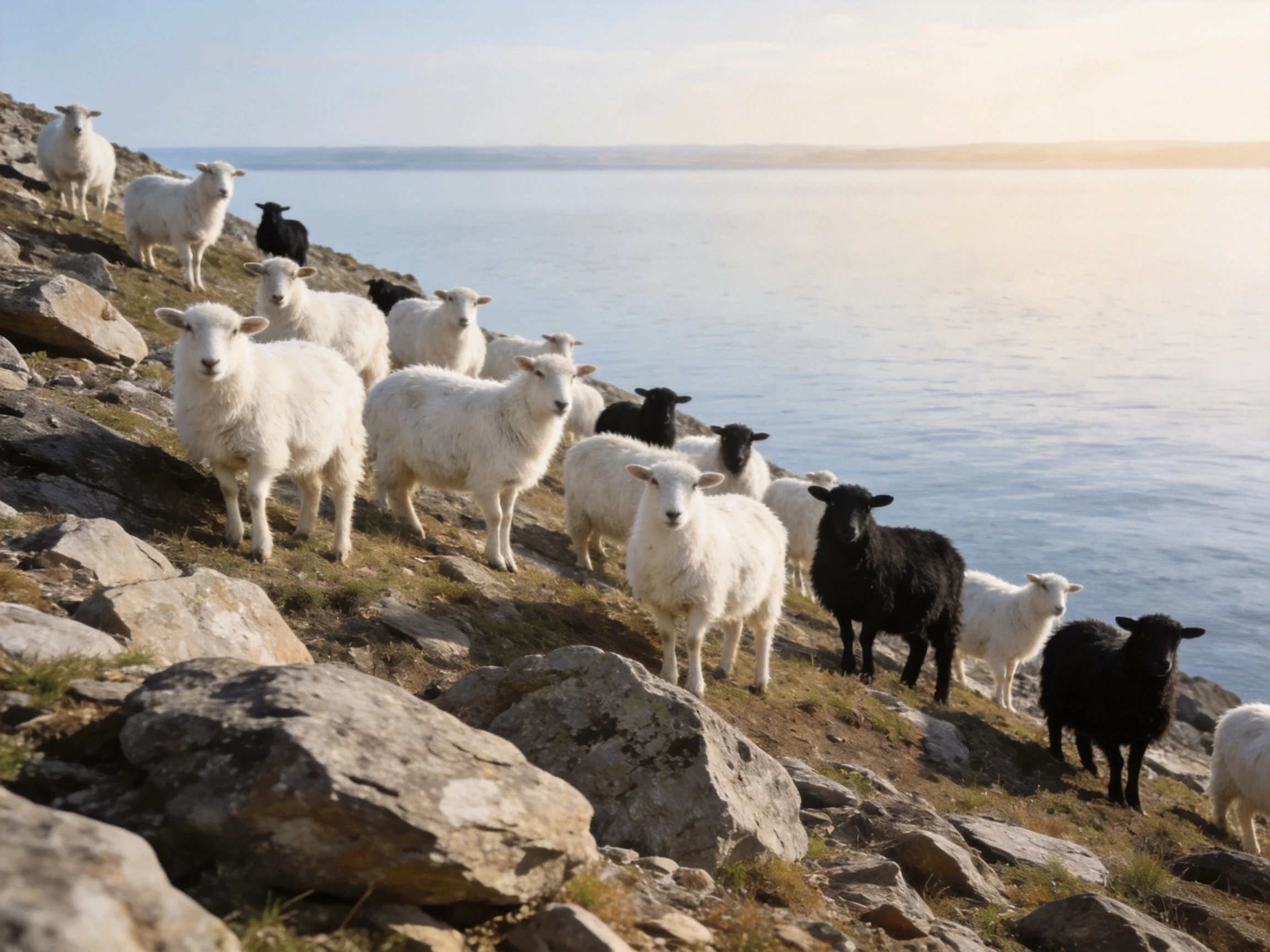 A flock of white and black sheep gathers on a rocky shoreline by the water.