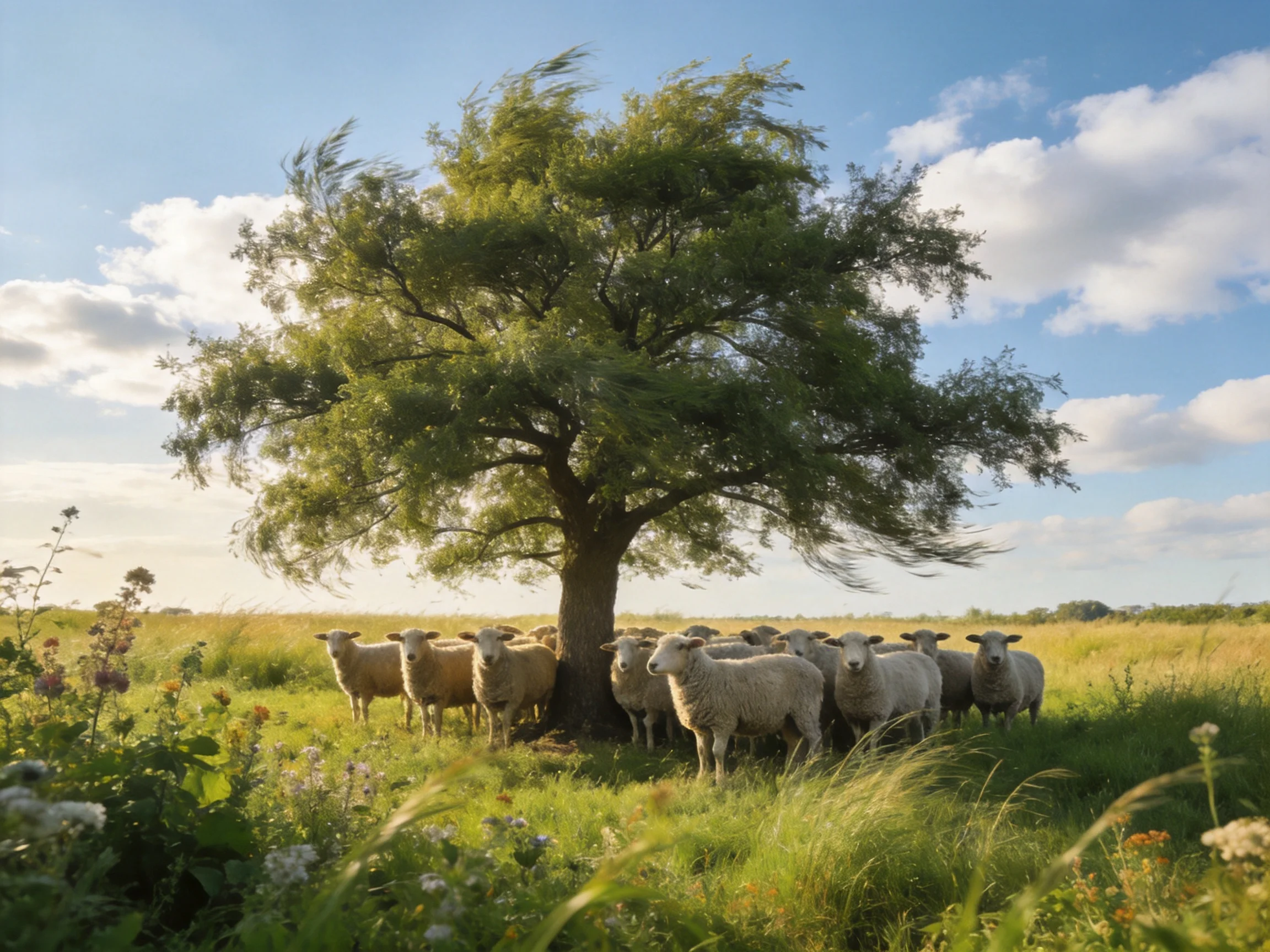 Sheep gather beneath a large green tree in a sunny meadow
