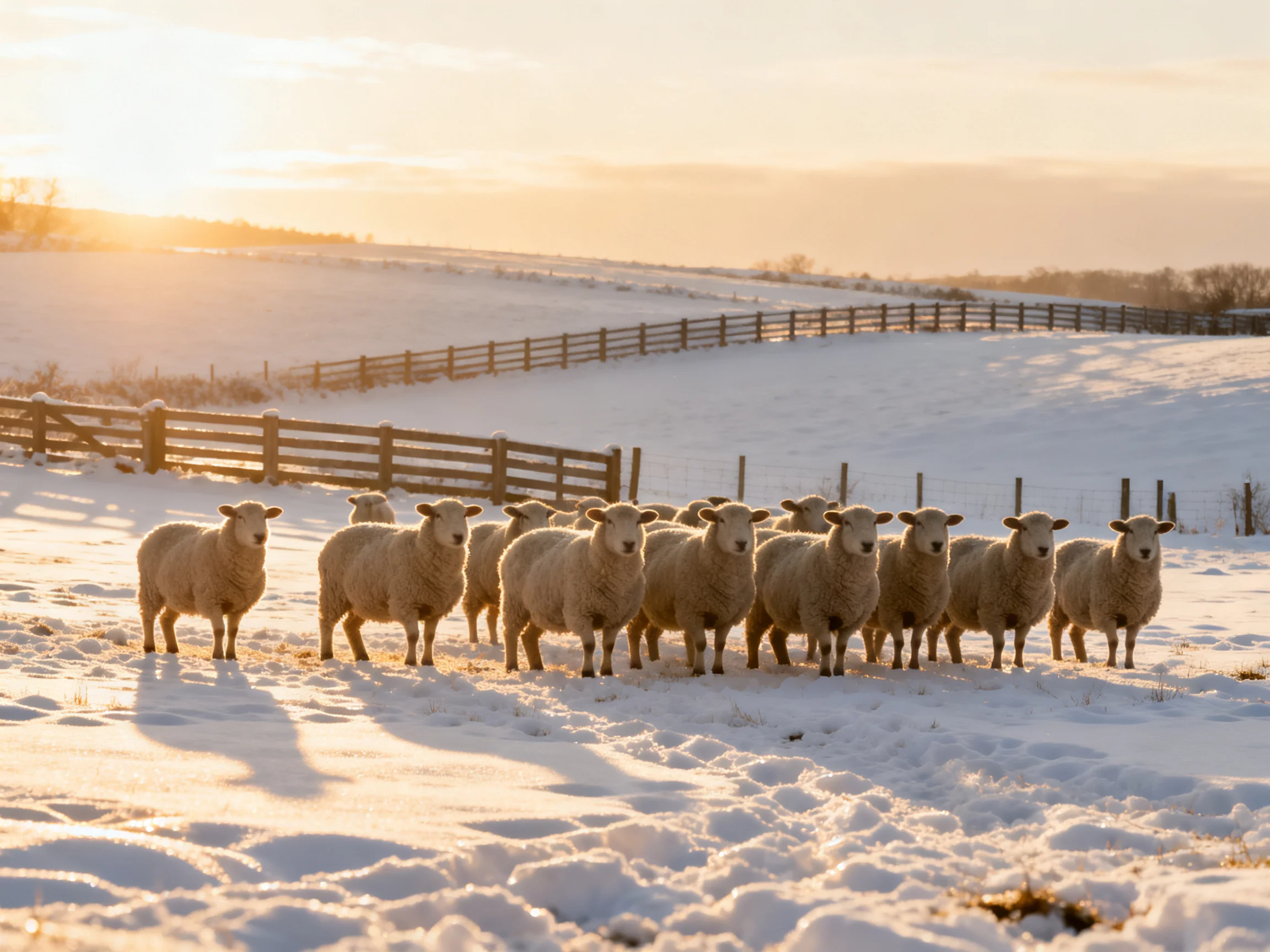 Sheep gather in a snowy field near wooden fences during golden hour
