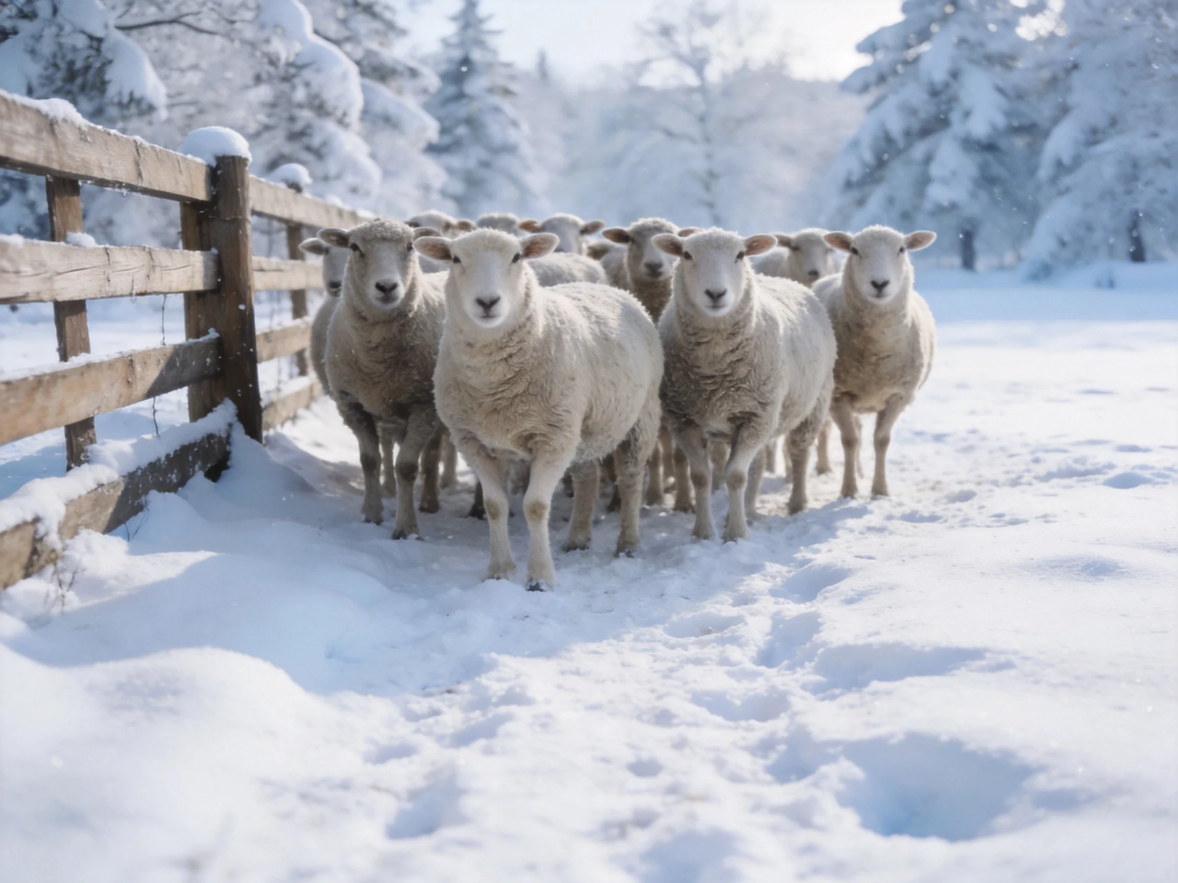 Sheep gather near a snow - covered wooden fence in winter