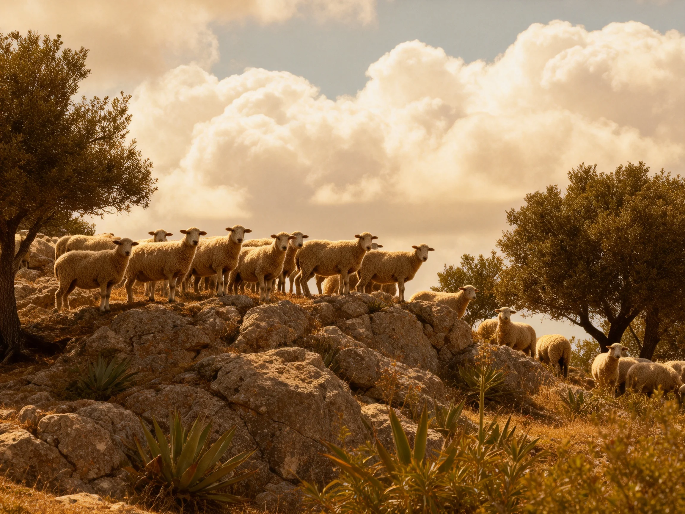Sheep gather on rocky hillside with olive trees and cloudy sky