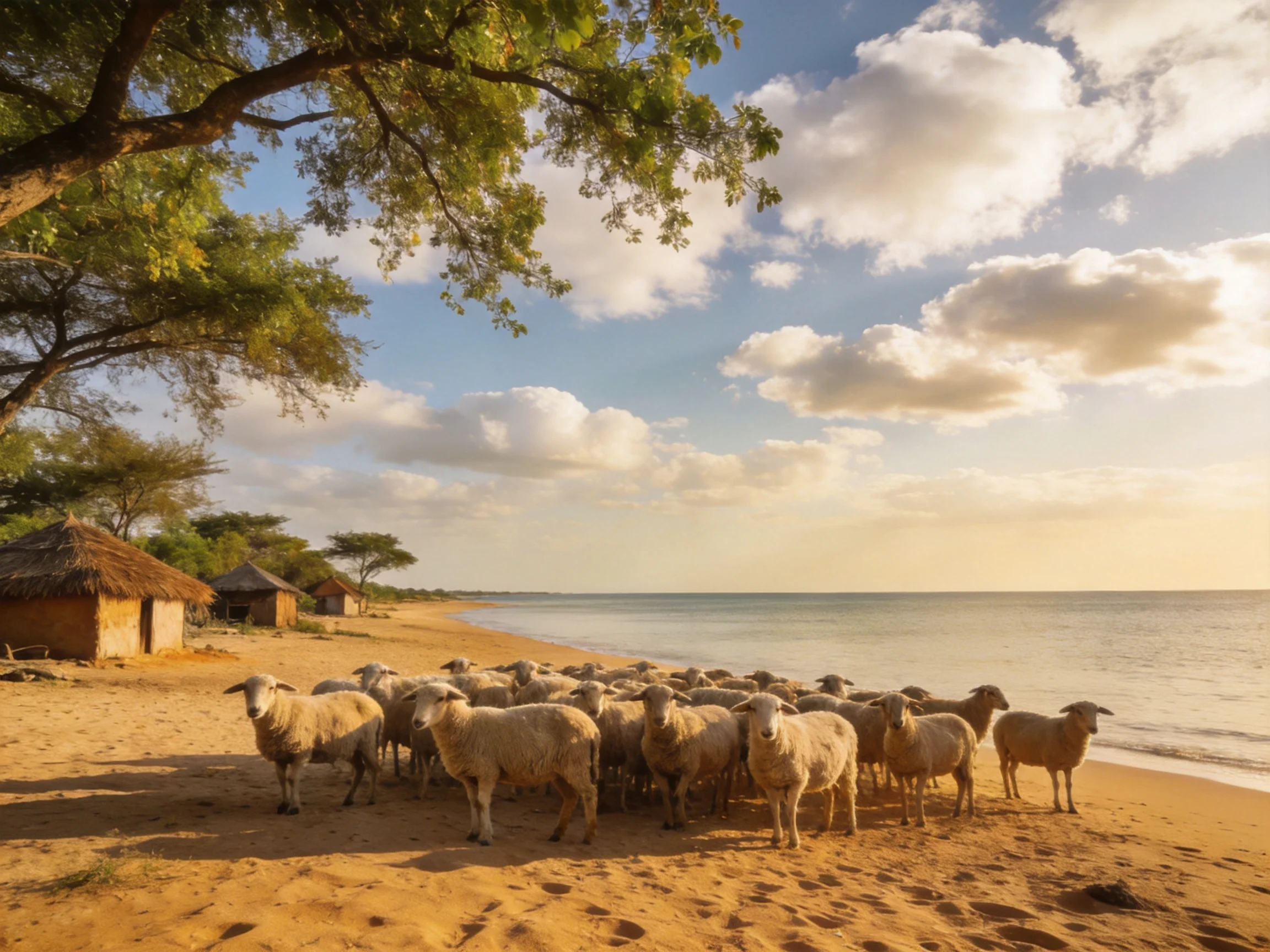 Sheep gather on sandy shore near thatched huts by calm sea