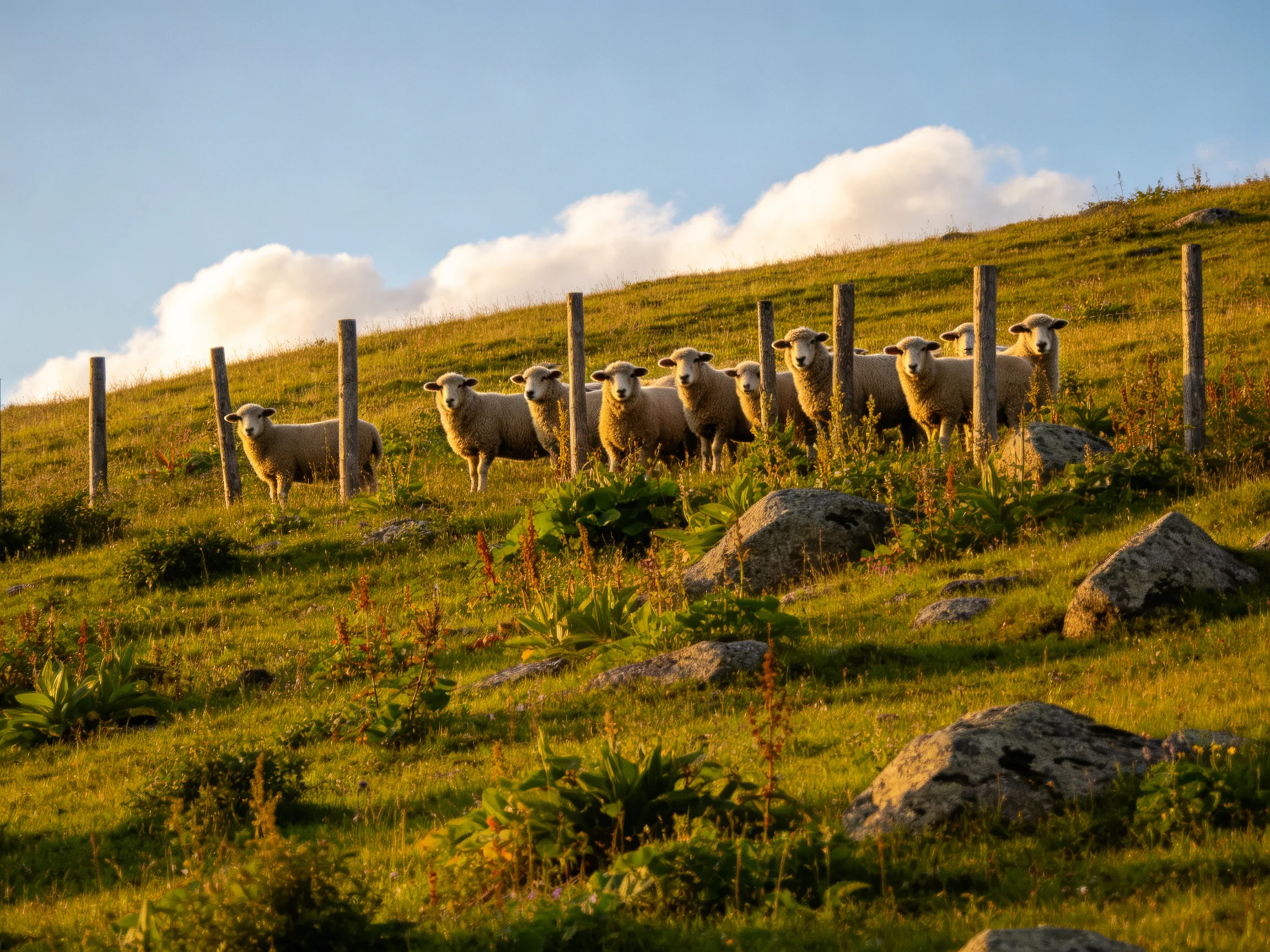 Sheep gathered near wooden fence posts on a sunlit grassy hillside