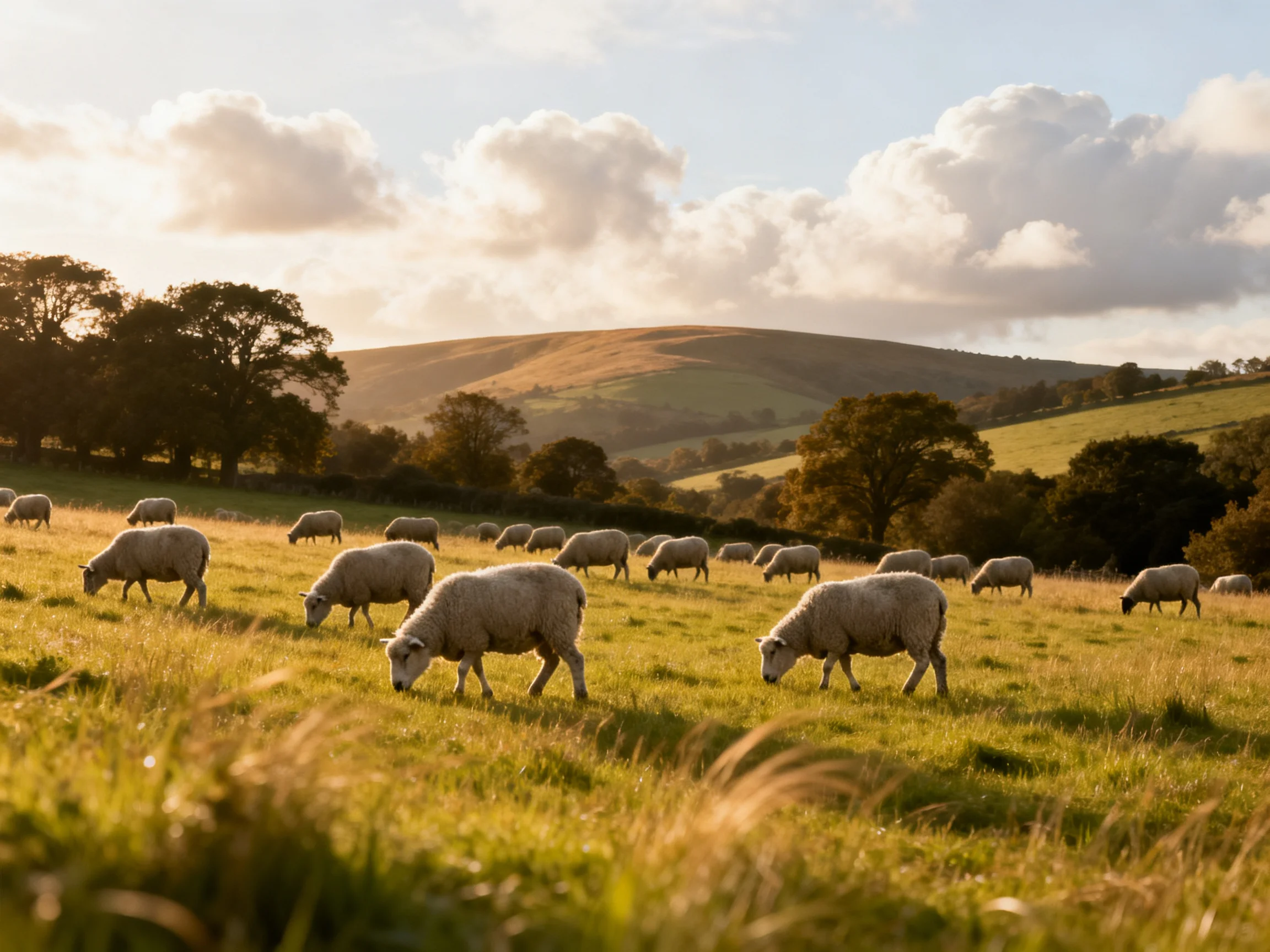 Sheep graze amidst rolling green hills and golden fields