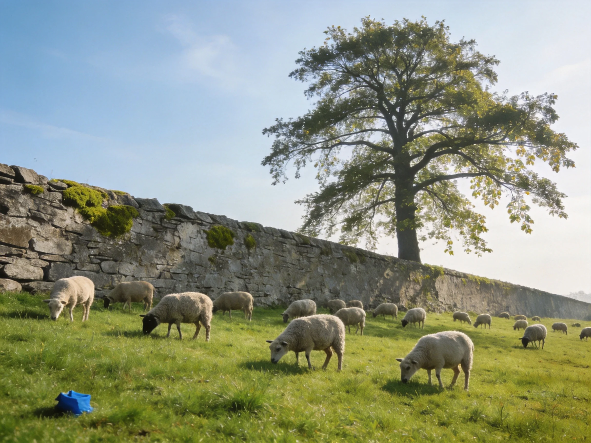 Sheep graze beside a moss-draped stone wall with a large oak tree