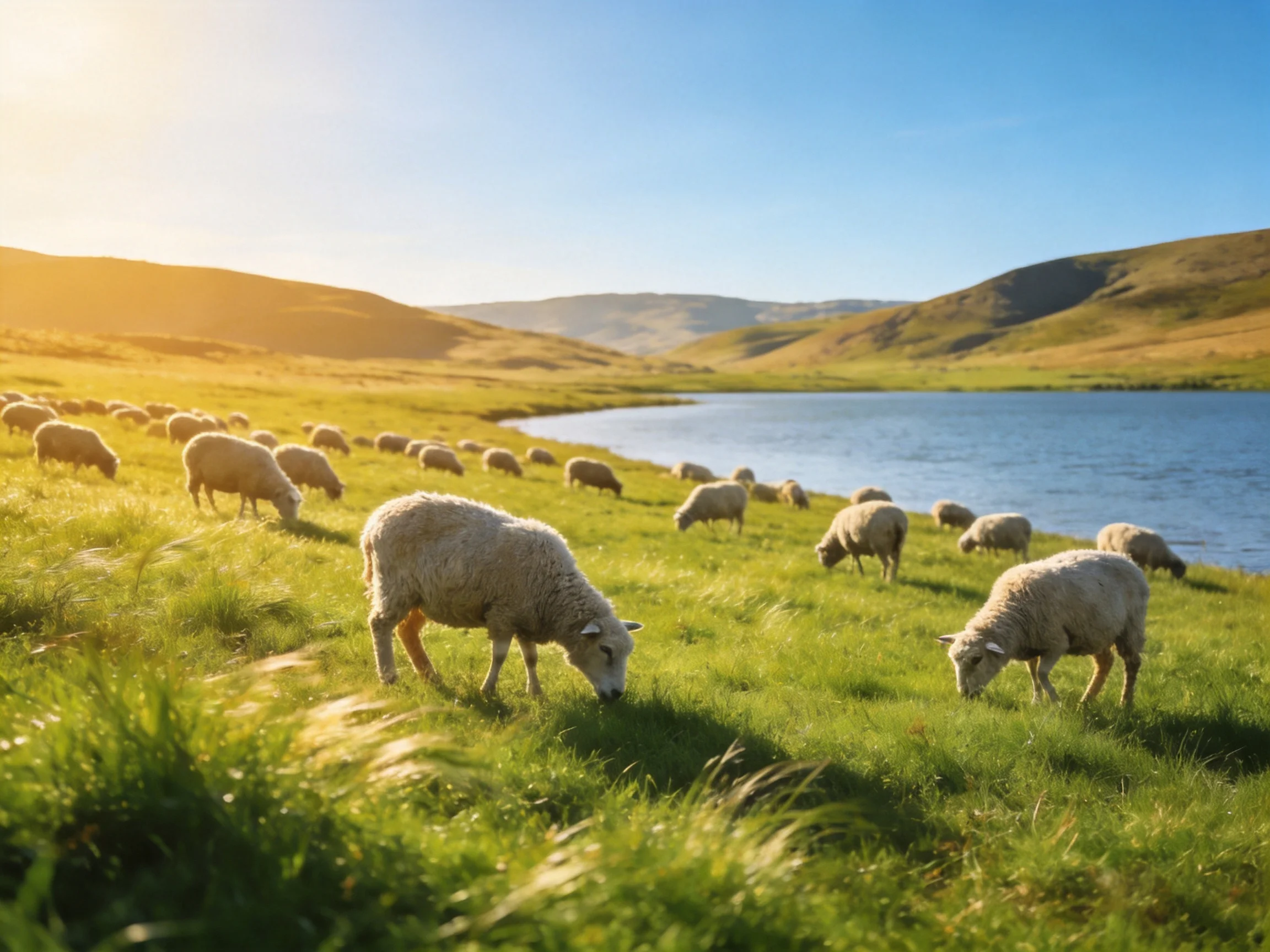 Sheep graze by a calm lake in golden, rolling hills