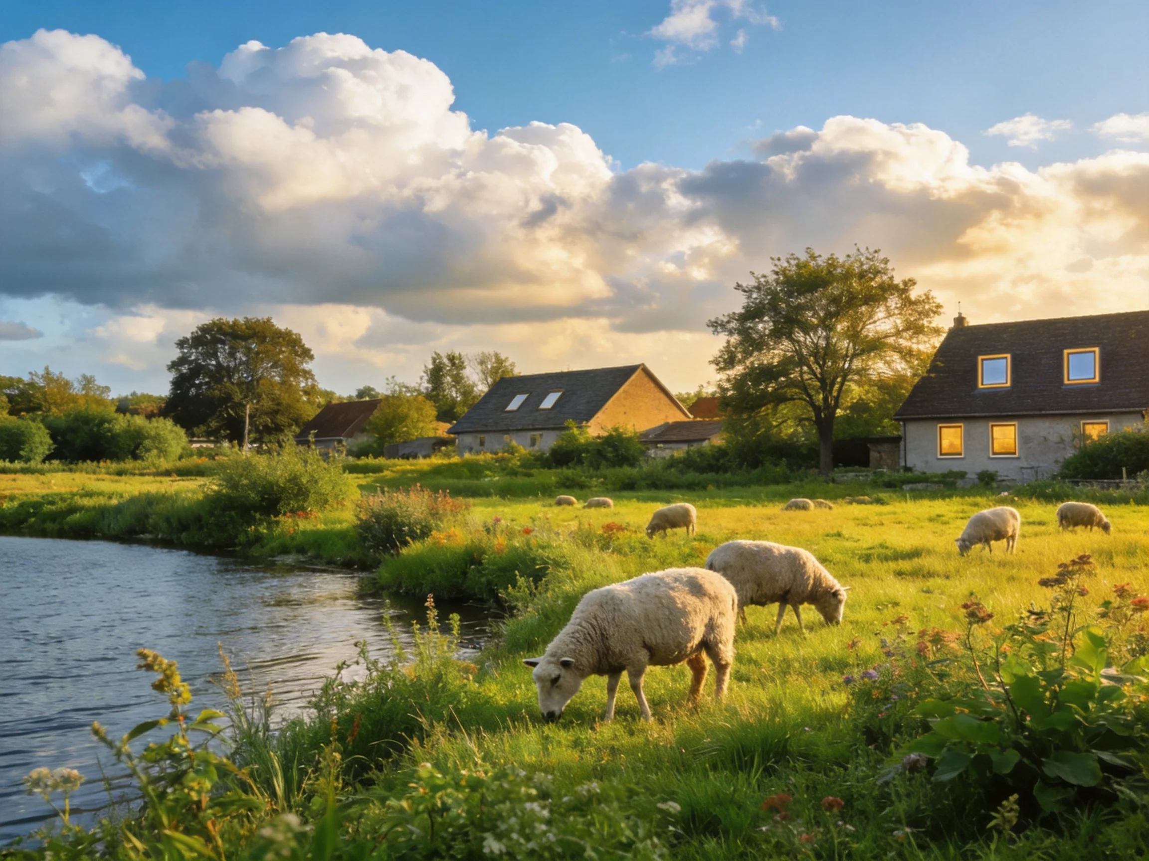 Sheep graze by a calm river near cozy farmhouses under golden clouds