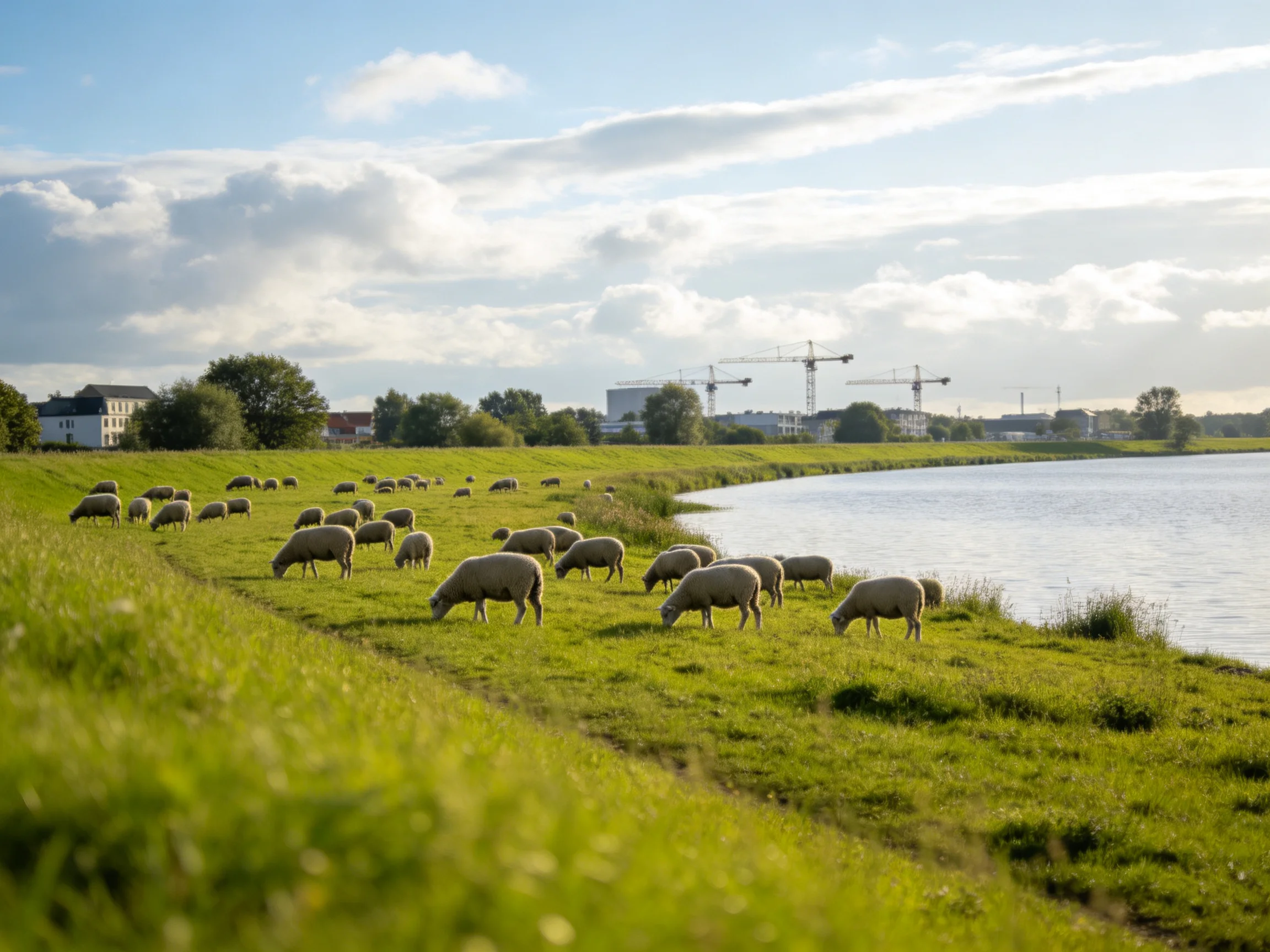 Sheep graze by a calm river with green pastures and distant cranes