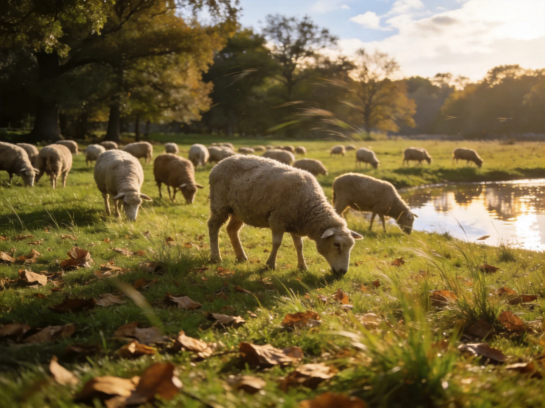 Sheep graze by a pond amid golden autumn scenery