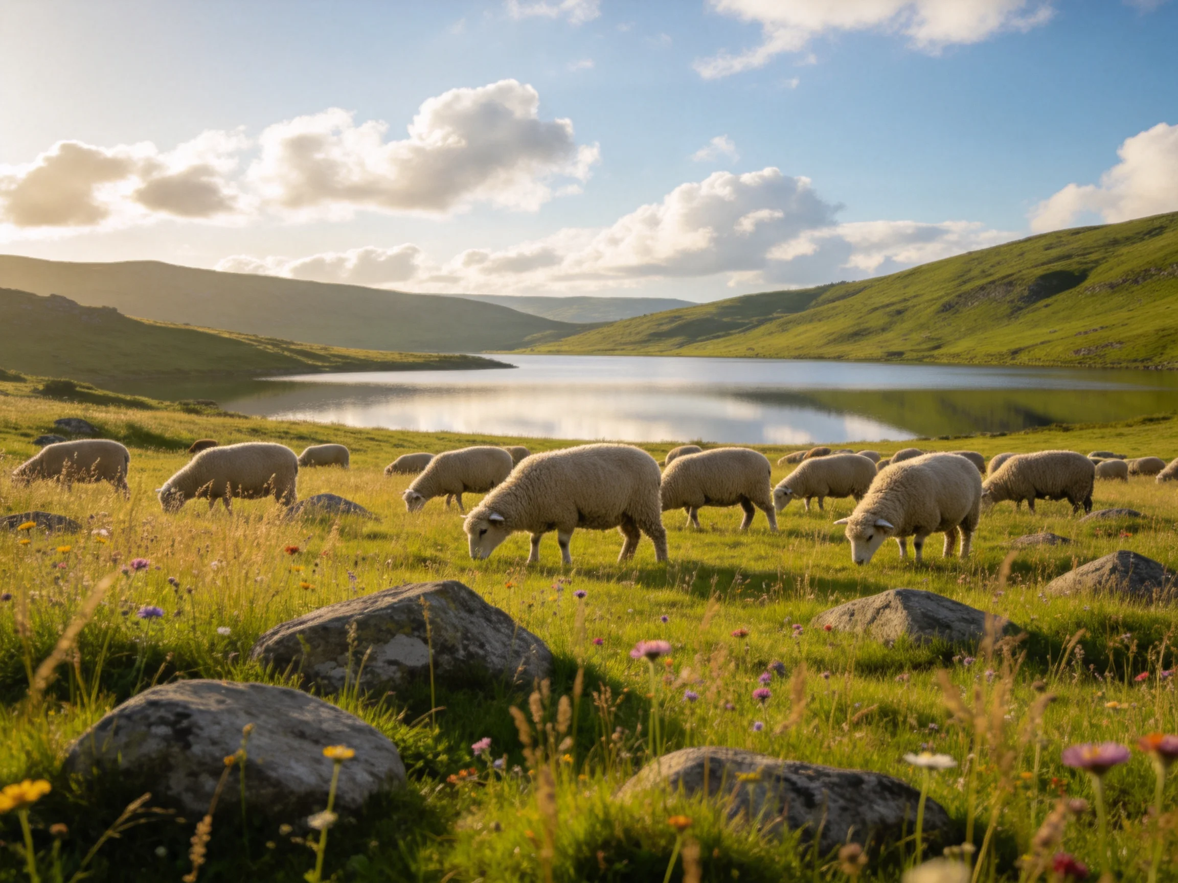 Sheep graze by a serene lake amid rolling green hills