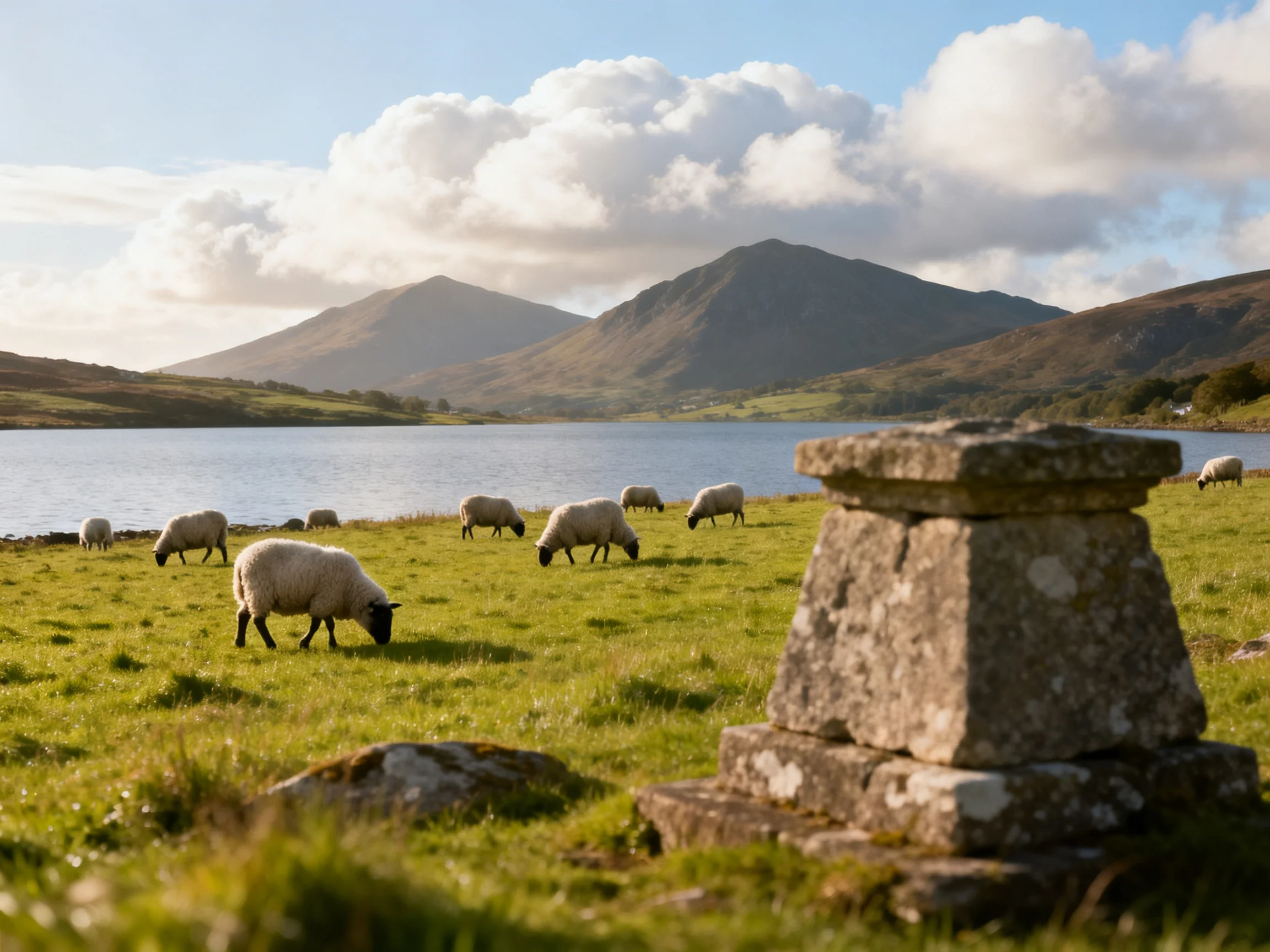 Sheep graze by a serene lake with ancient stone monument and mountain backdrop