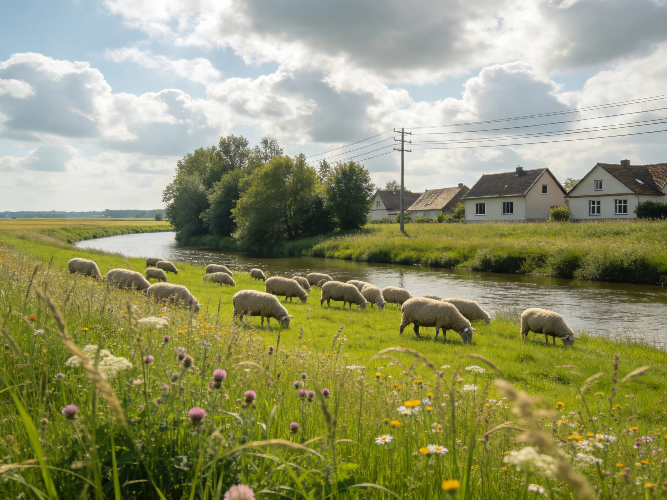 Sheep graze by a winding river near rural homes
