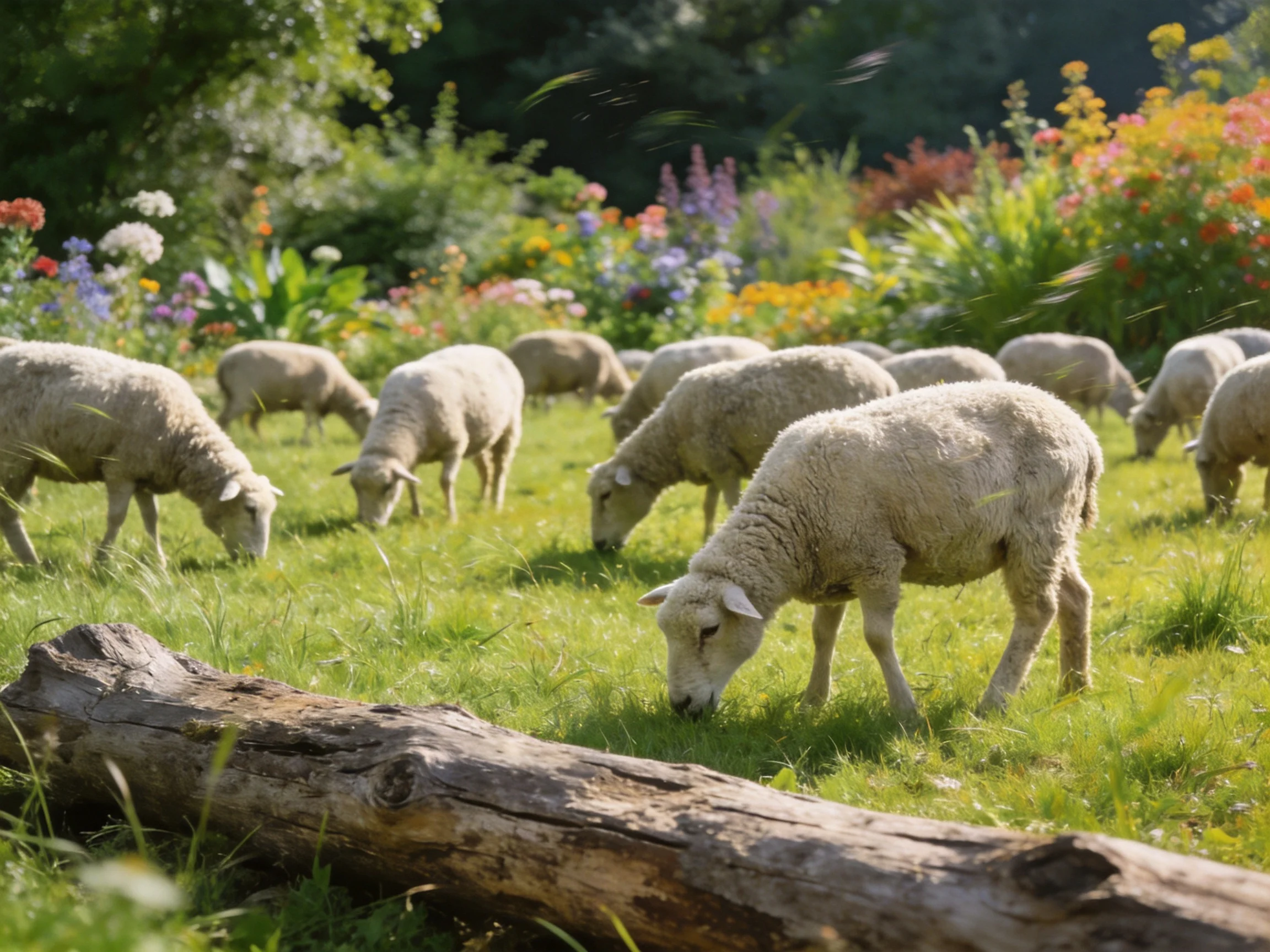 Sheep graze in a colorful flower-filled meadow with green grass