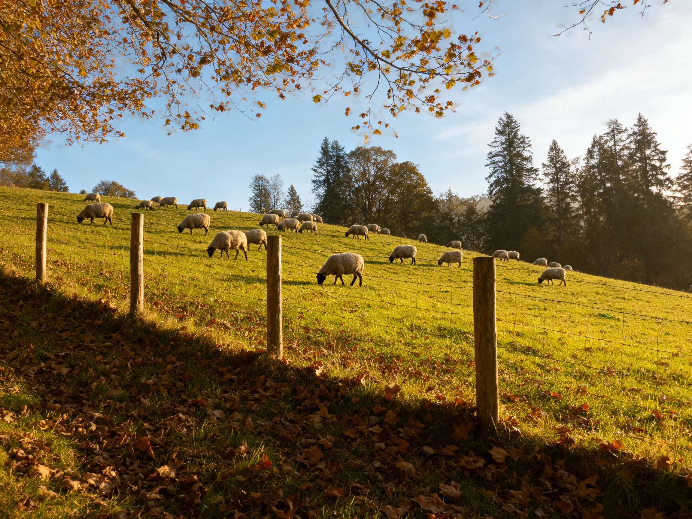 Sheep graze in a fenced autumn meadow with golden grass