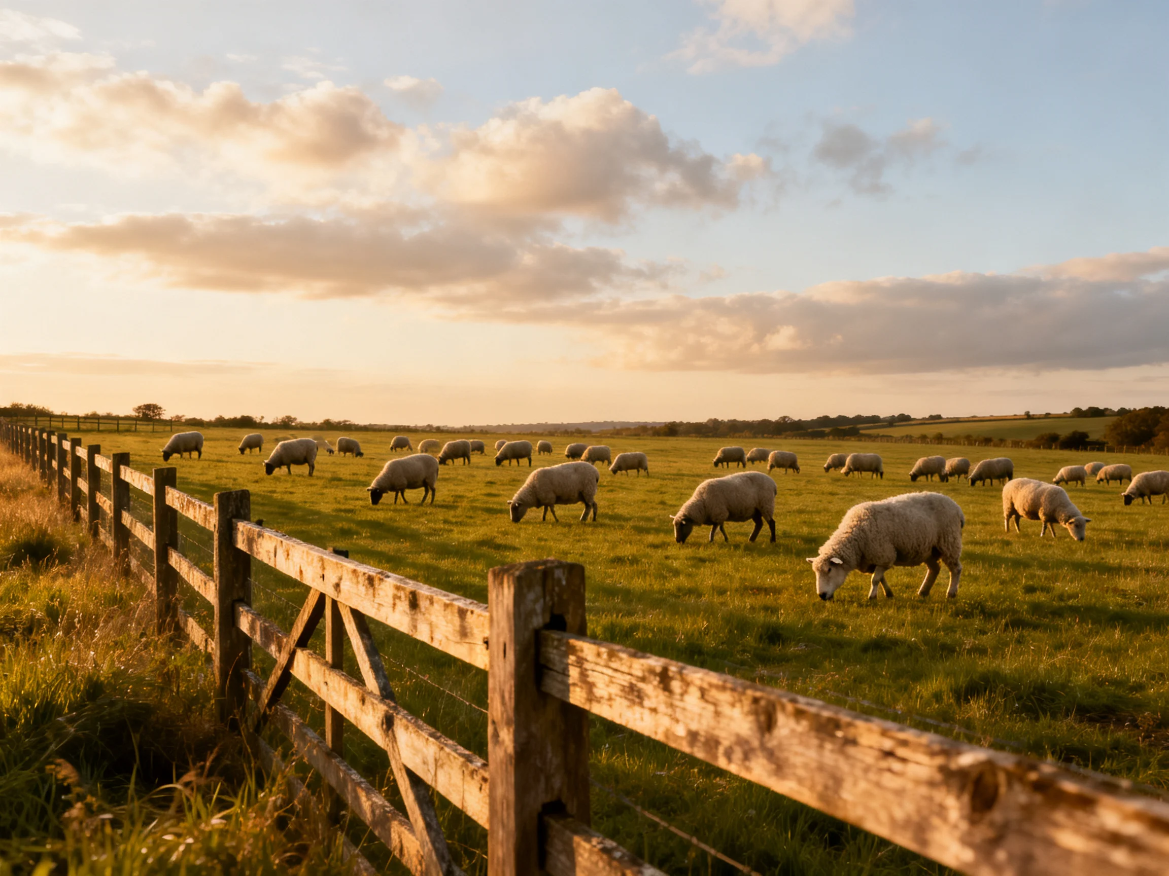Sheep graze in a fenced pasture under golden sunset light