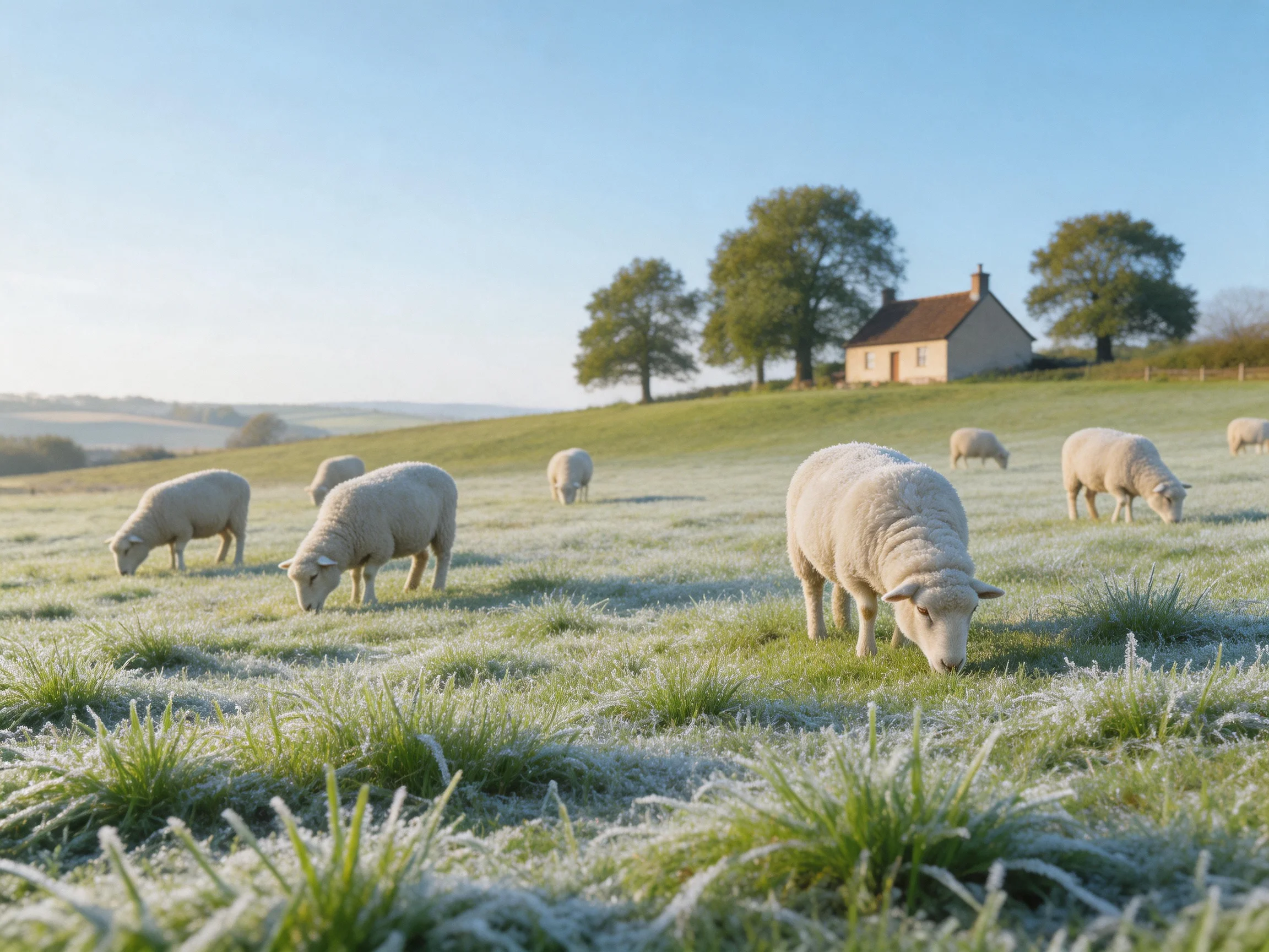 Sheep graze in a frosty green pasture near a cottage