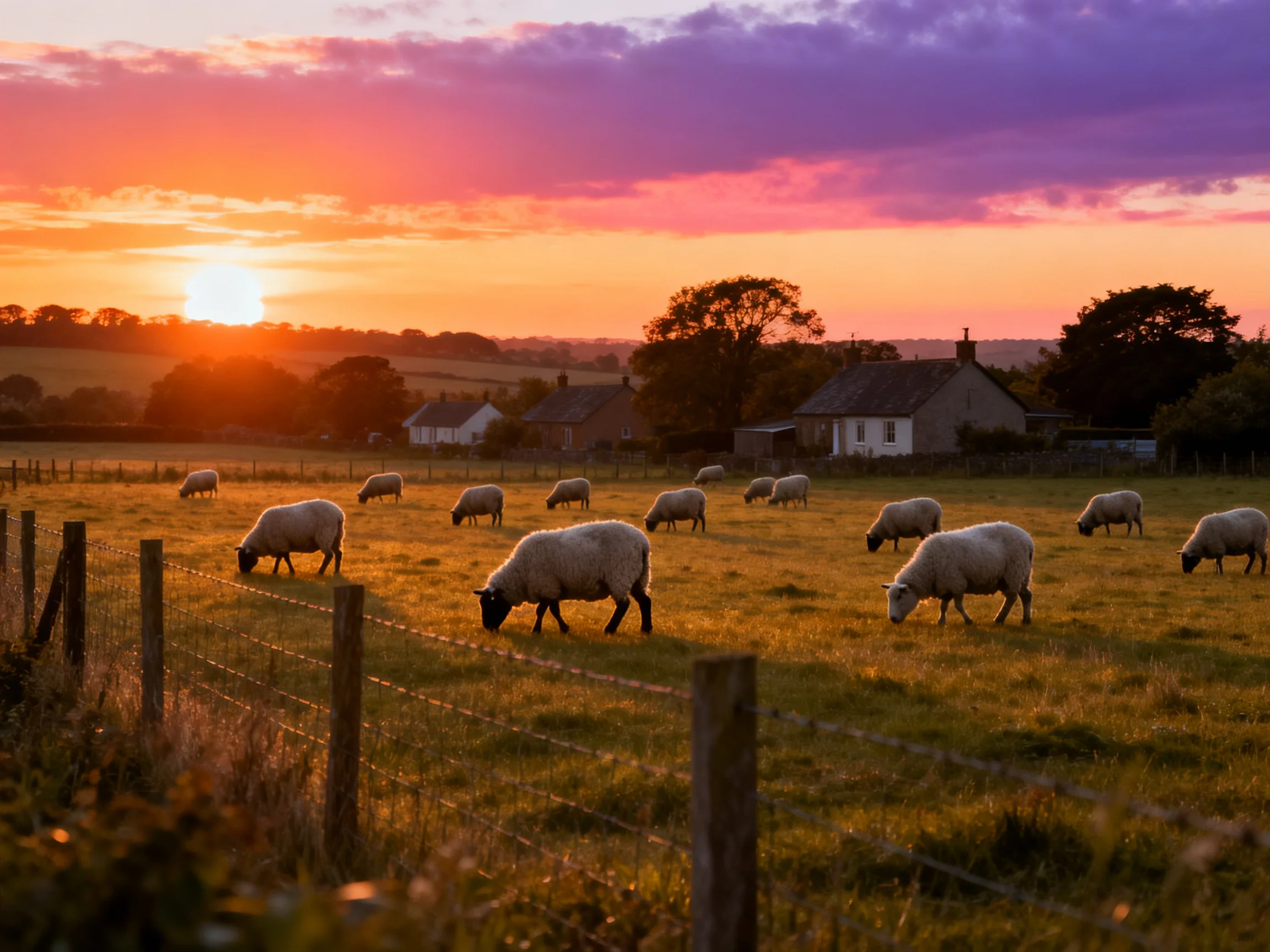 Sheep graze in a golden countryside field as the sun sets near rural homes.