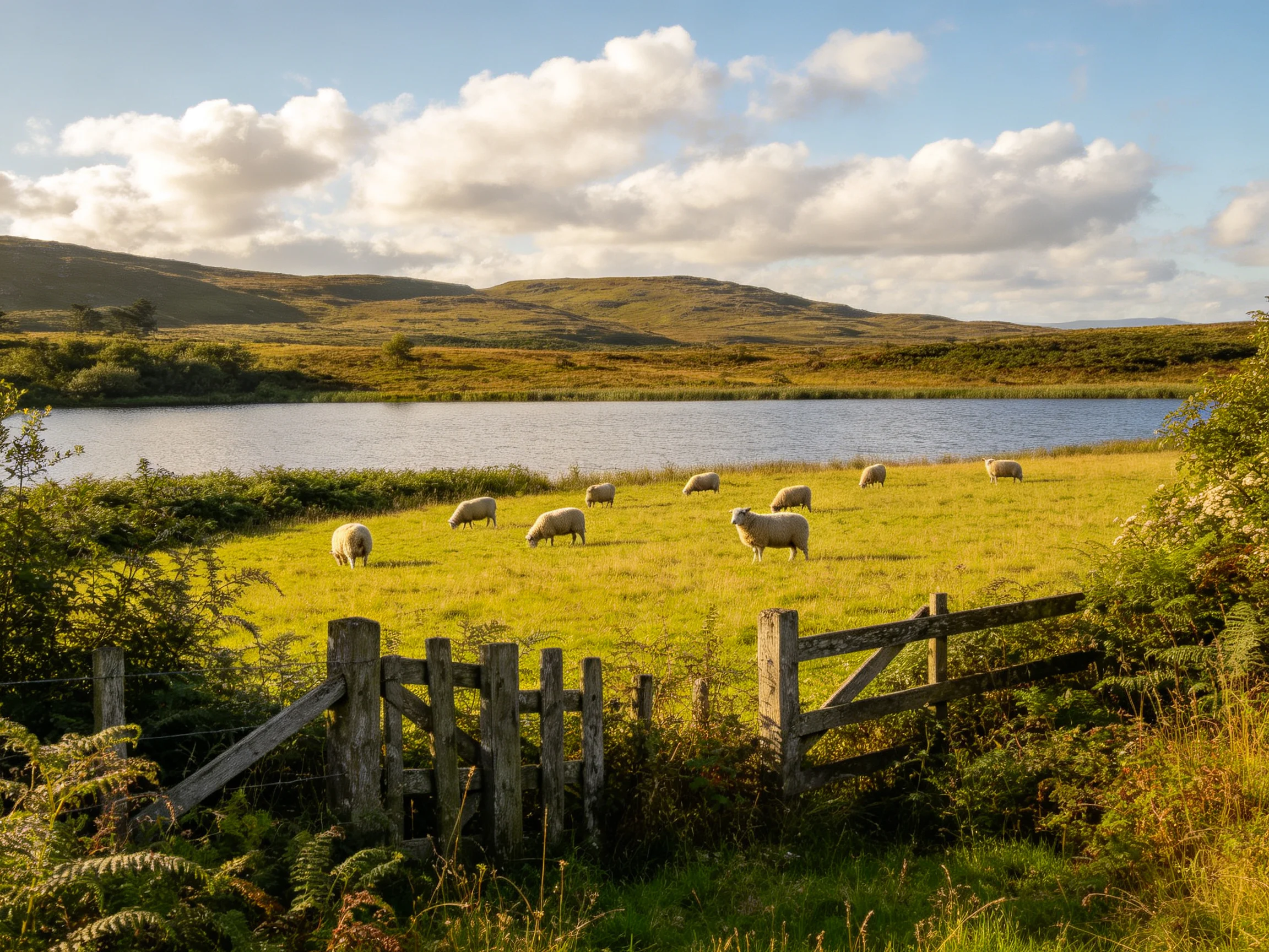 Sheep graze in a golden field near a calm lake with rolling hills