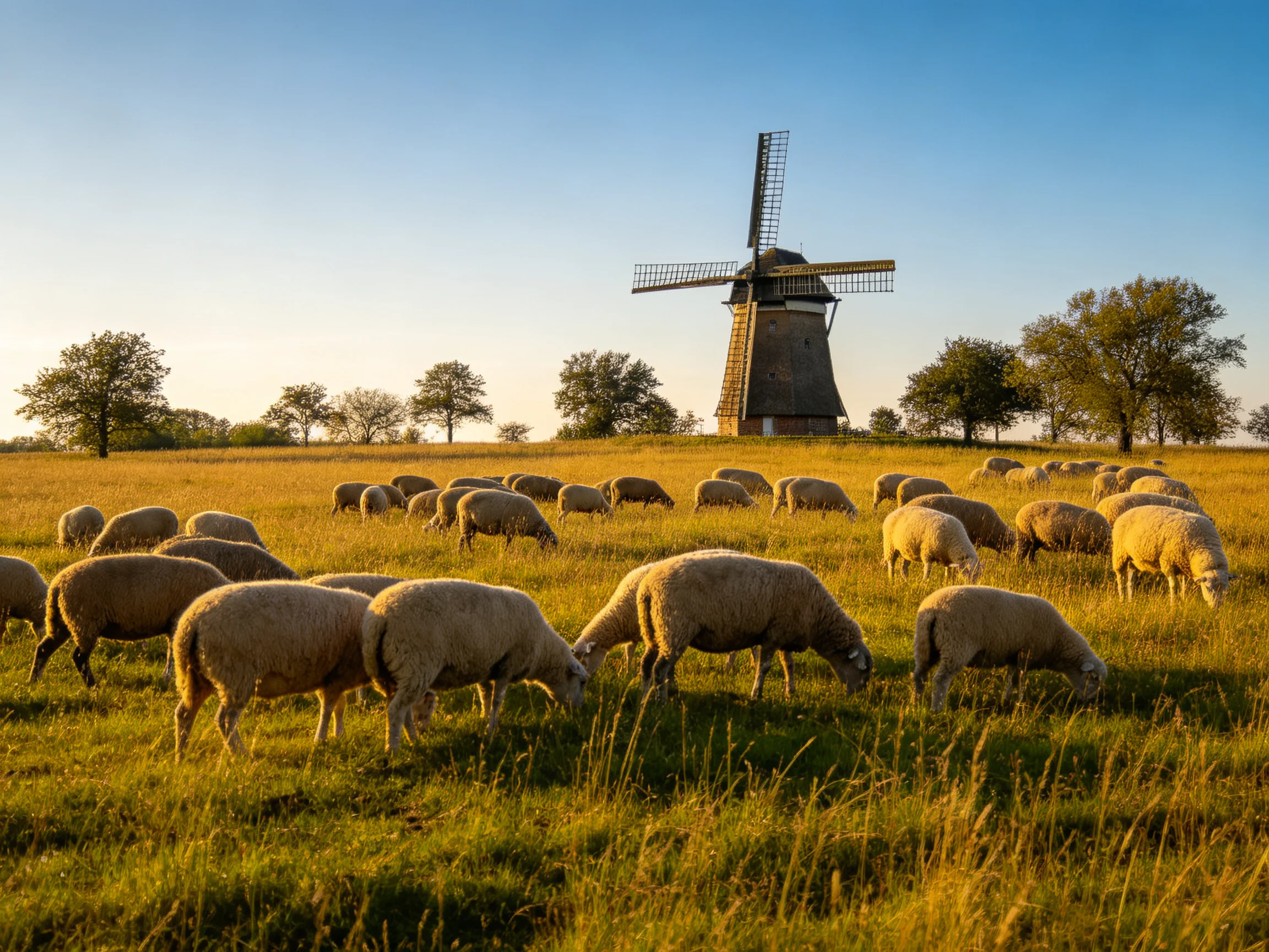 Sheep graze in a golden field near a traditional windmill