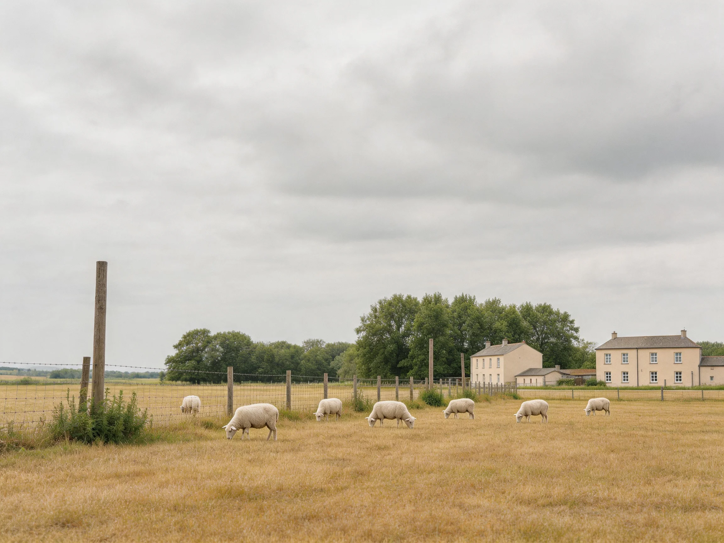 Sheep graze in a golden field with cream farmhouses and green trees