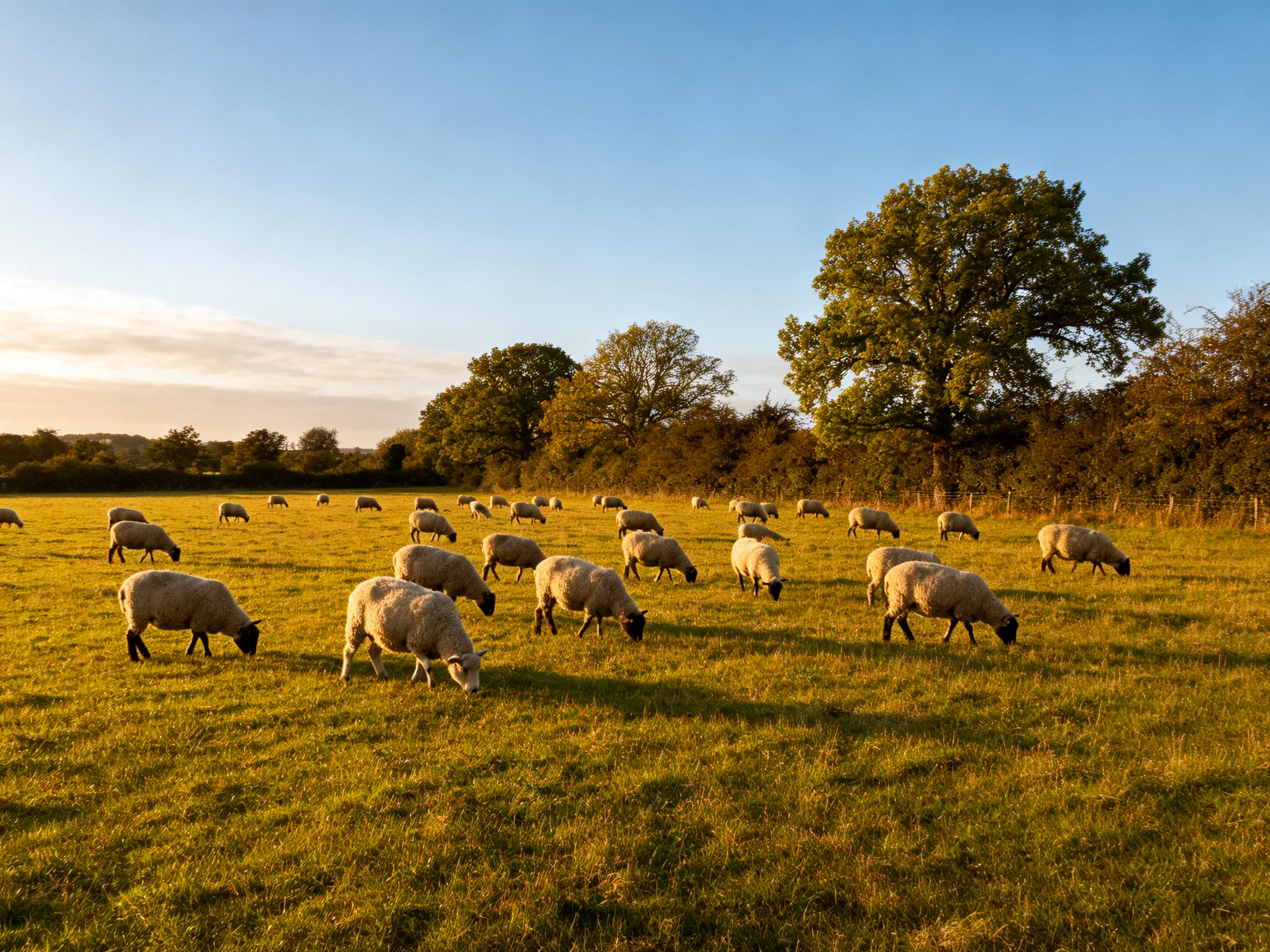 Sheep graze in a golden-hued pasture beside tall trees