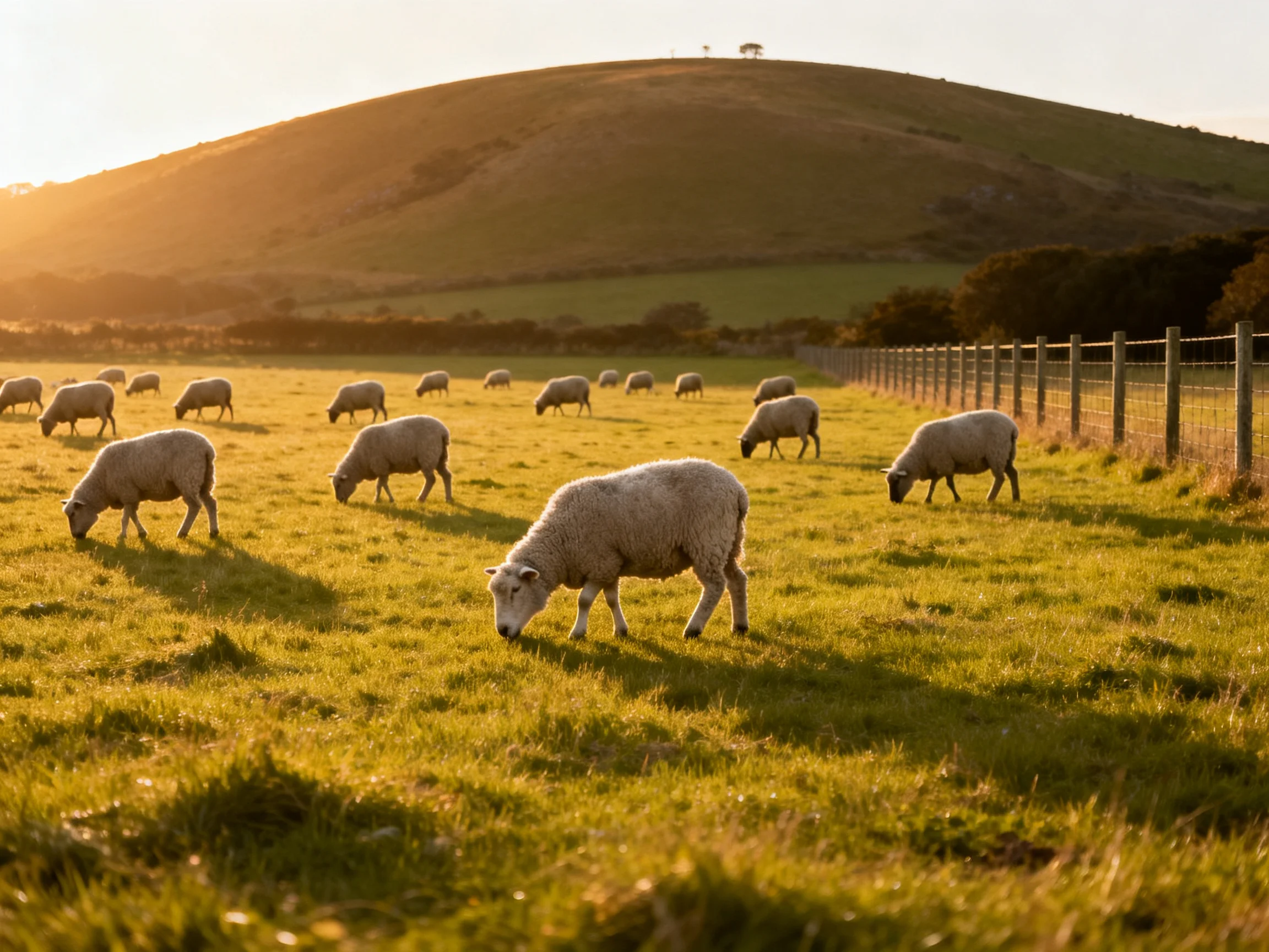 Sheep graze in a golden-lit pasture with rolling green hills