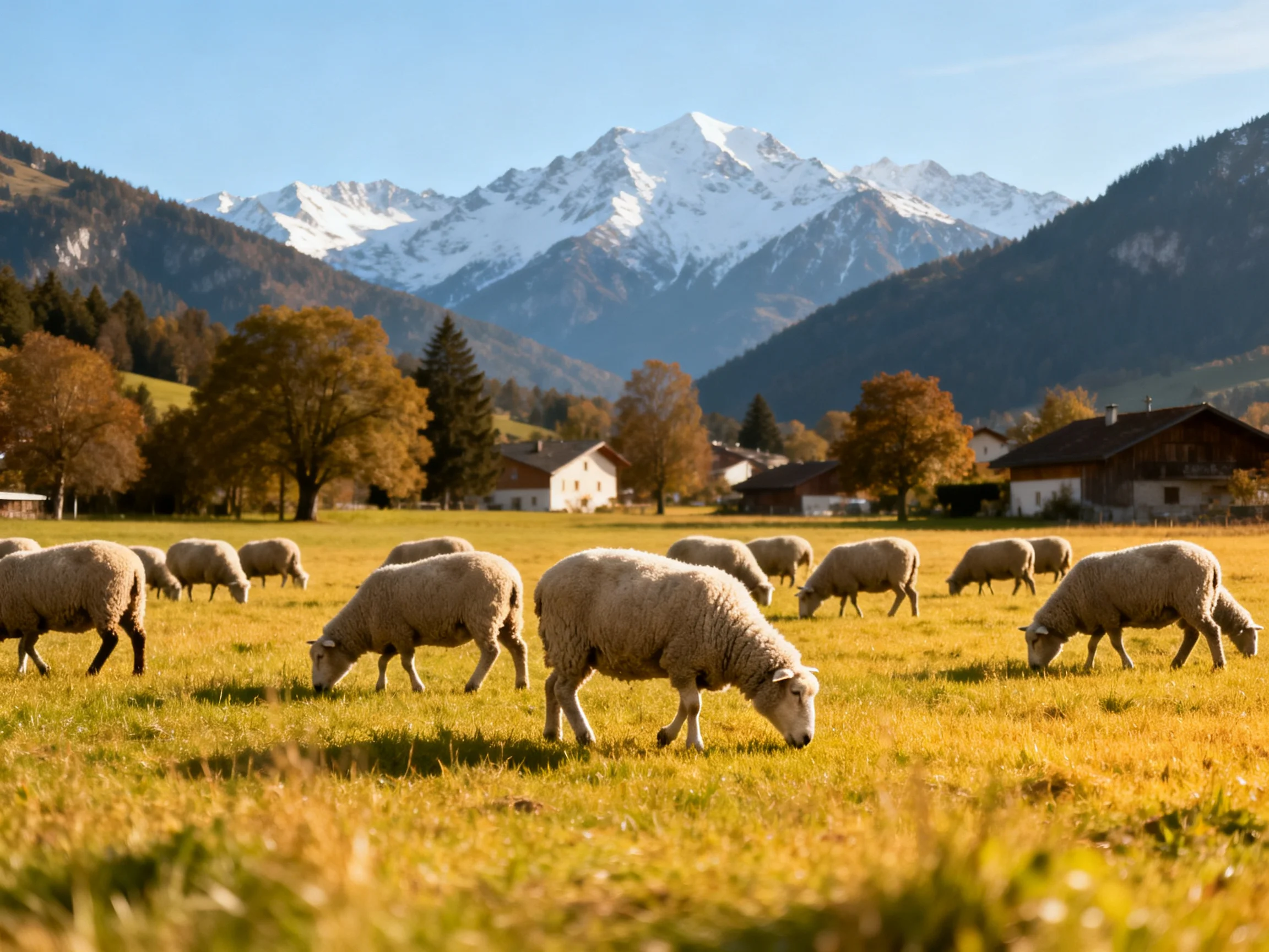 Sheep graze in a golden meadow near snow-capped mountains