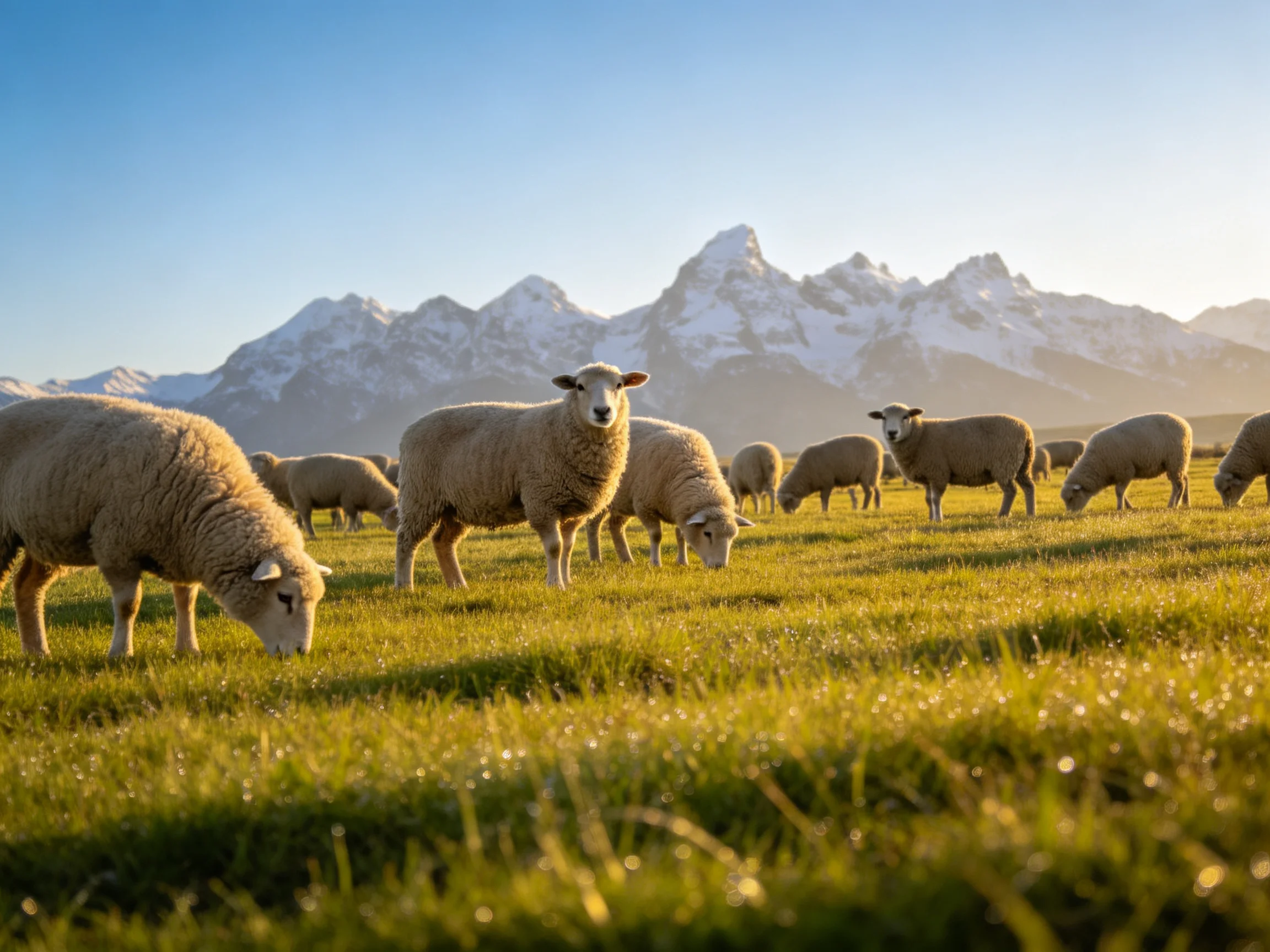 Sheep graze in a golden meadow near snow-capped mountains
