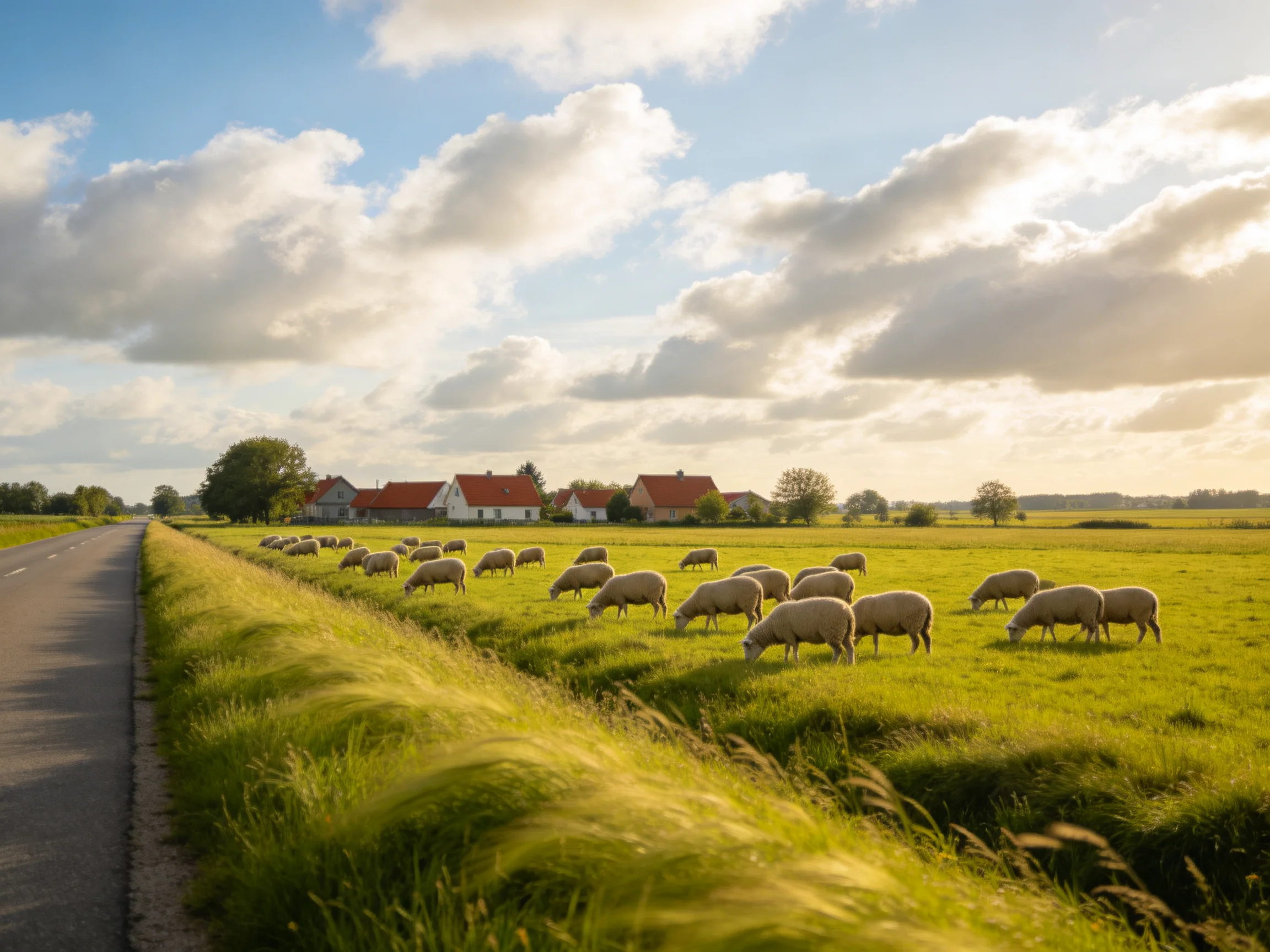 Sheep graze in a lush green field by a country road with red-roofed cottages