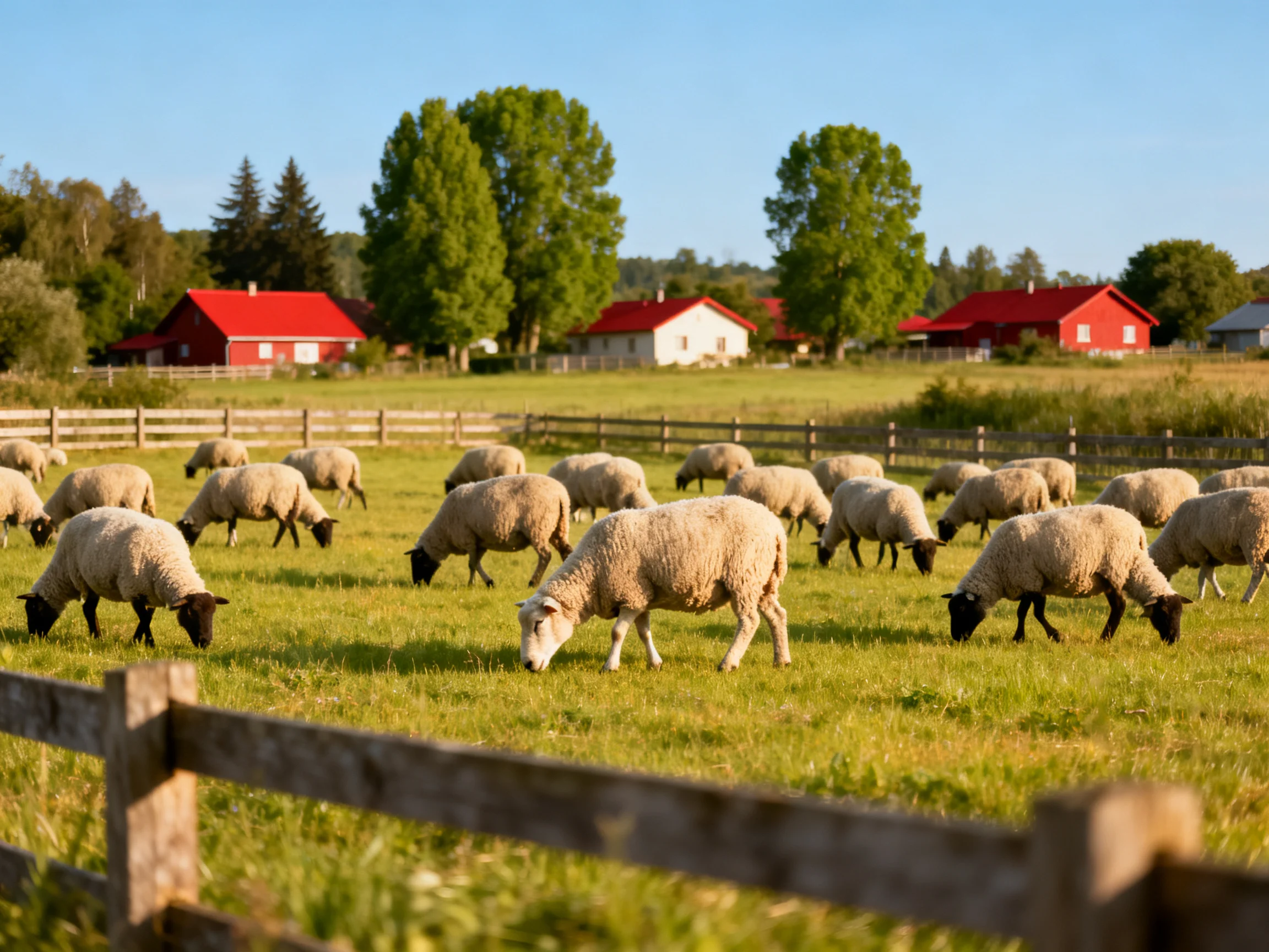 Sheep graze in a lush green field near red-capped farmhouses