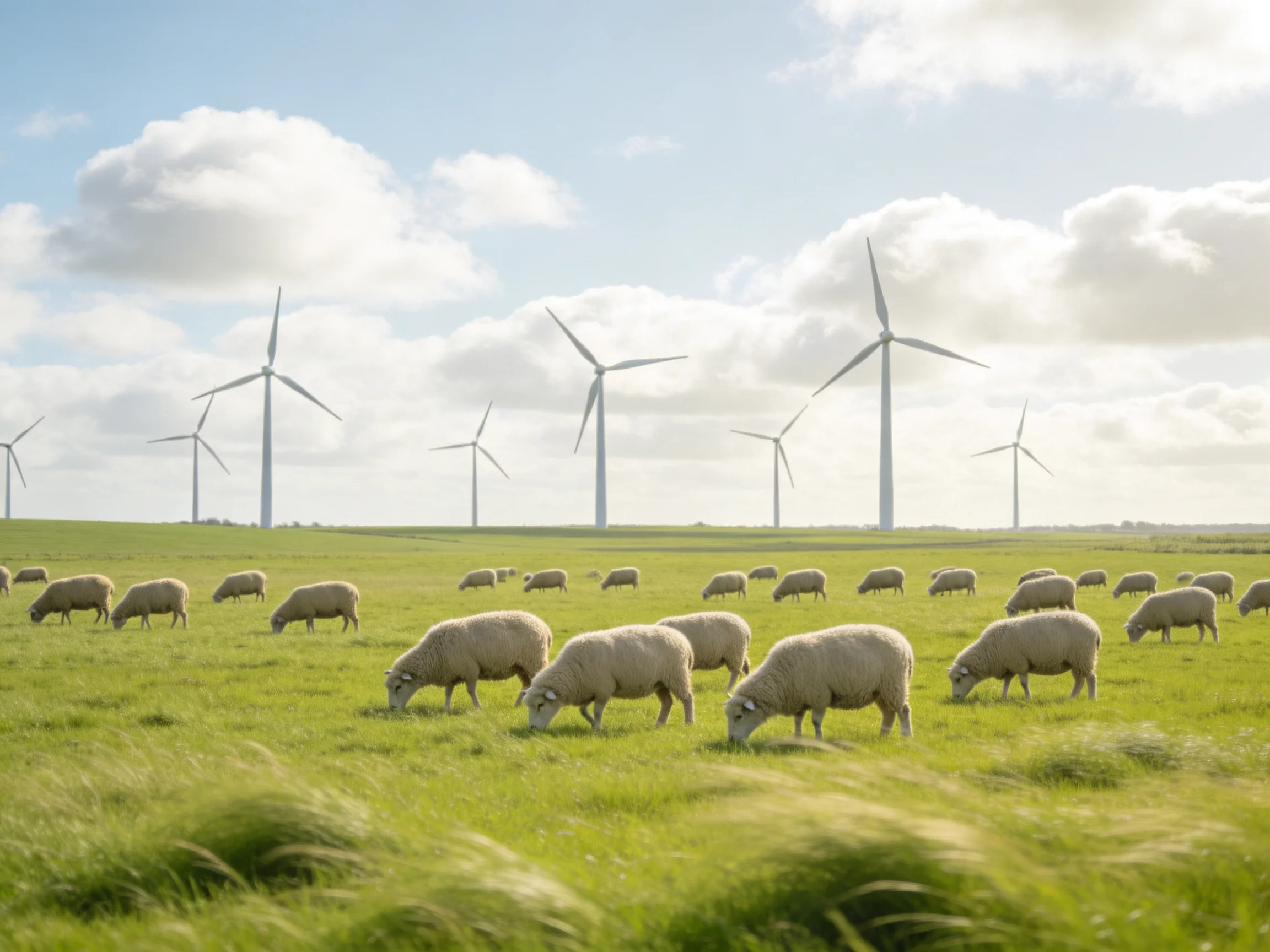 Sheep graze in a lush green field with tall wind turbines