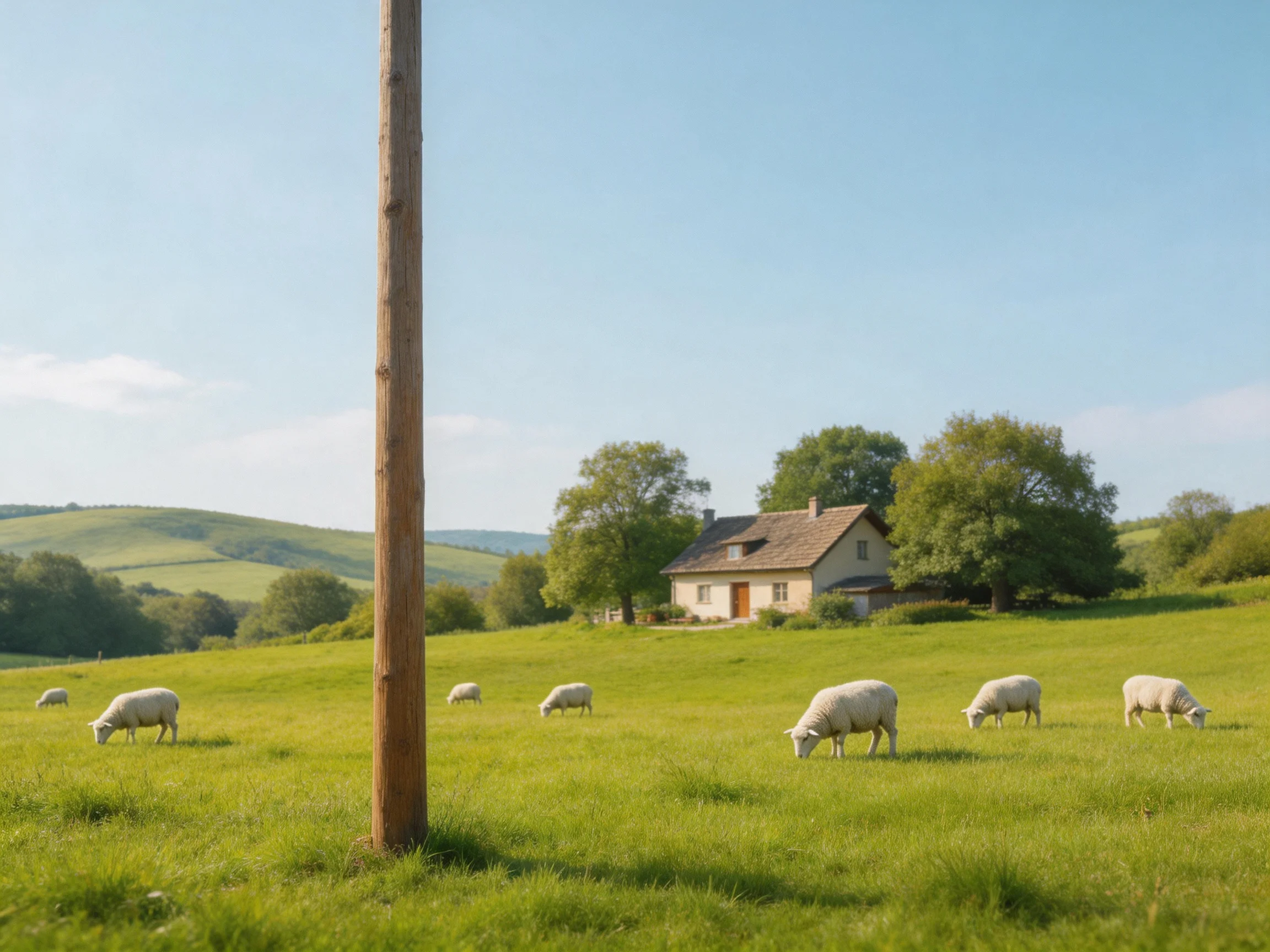 Sheep graze in a lush green meadow near a cozy cottage