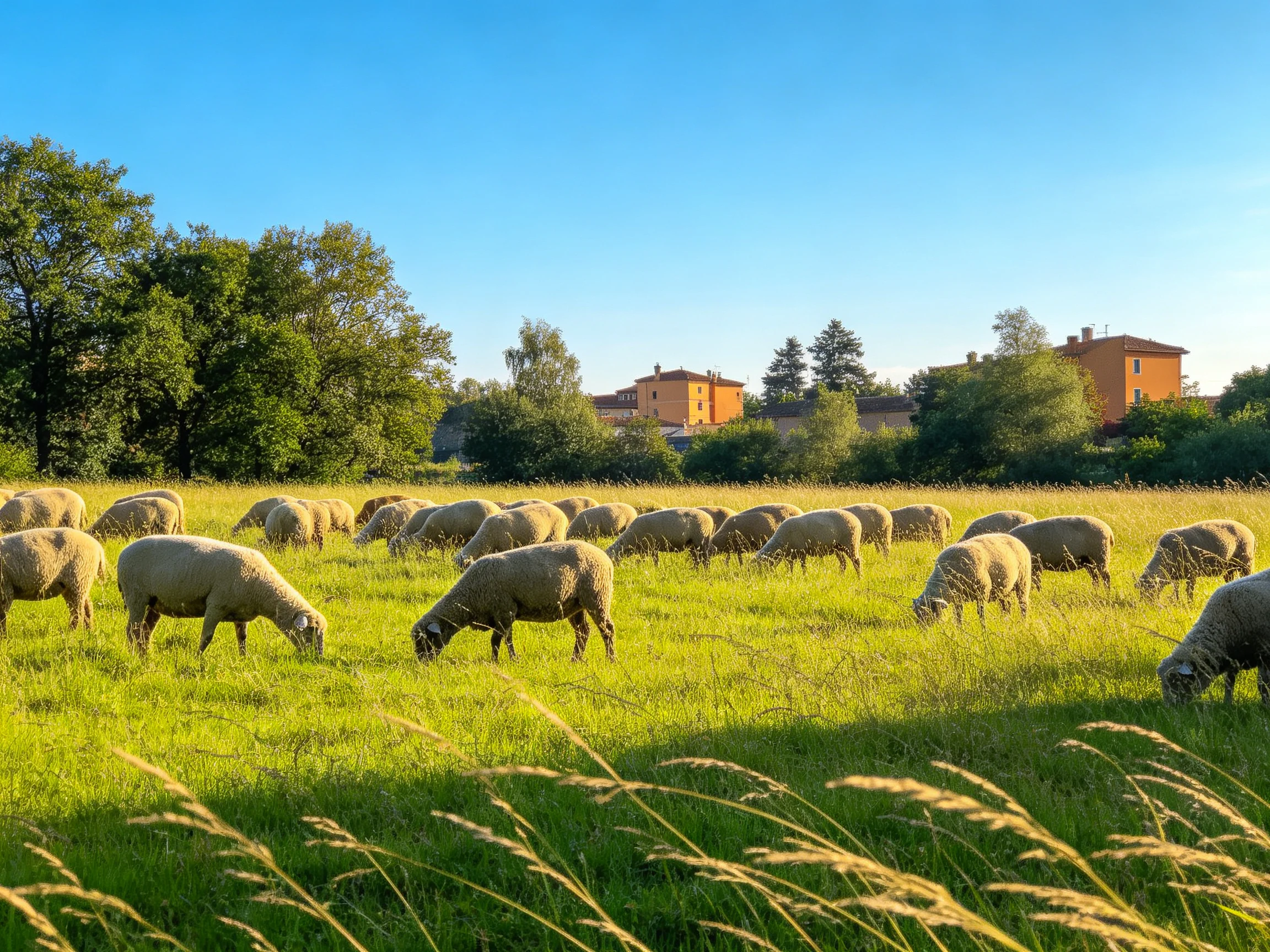 Sheep graze in a lush green meadow near orange buildings