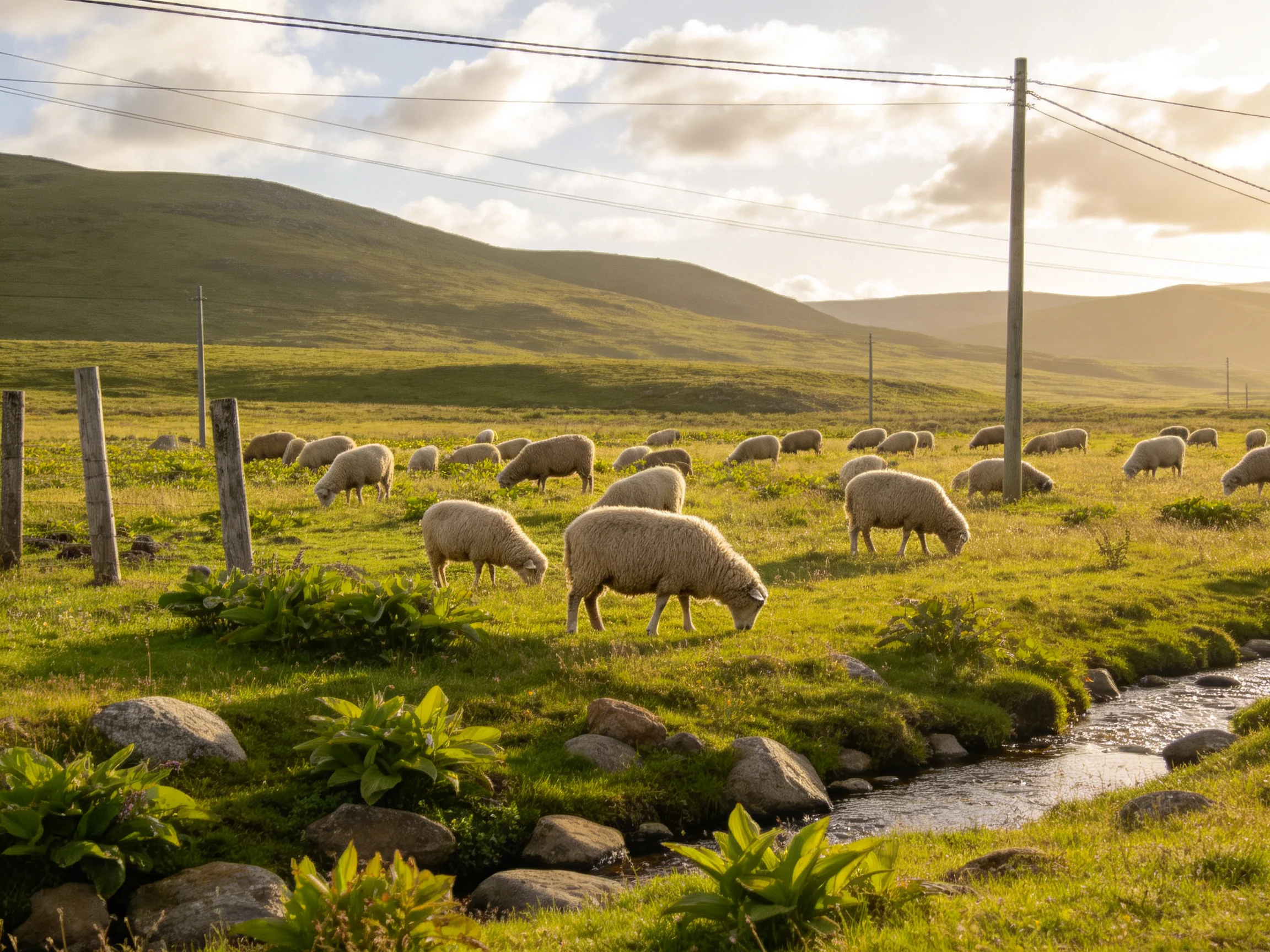 Sheep graze in a lush green meadow near rolling hills