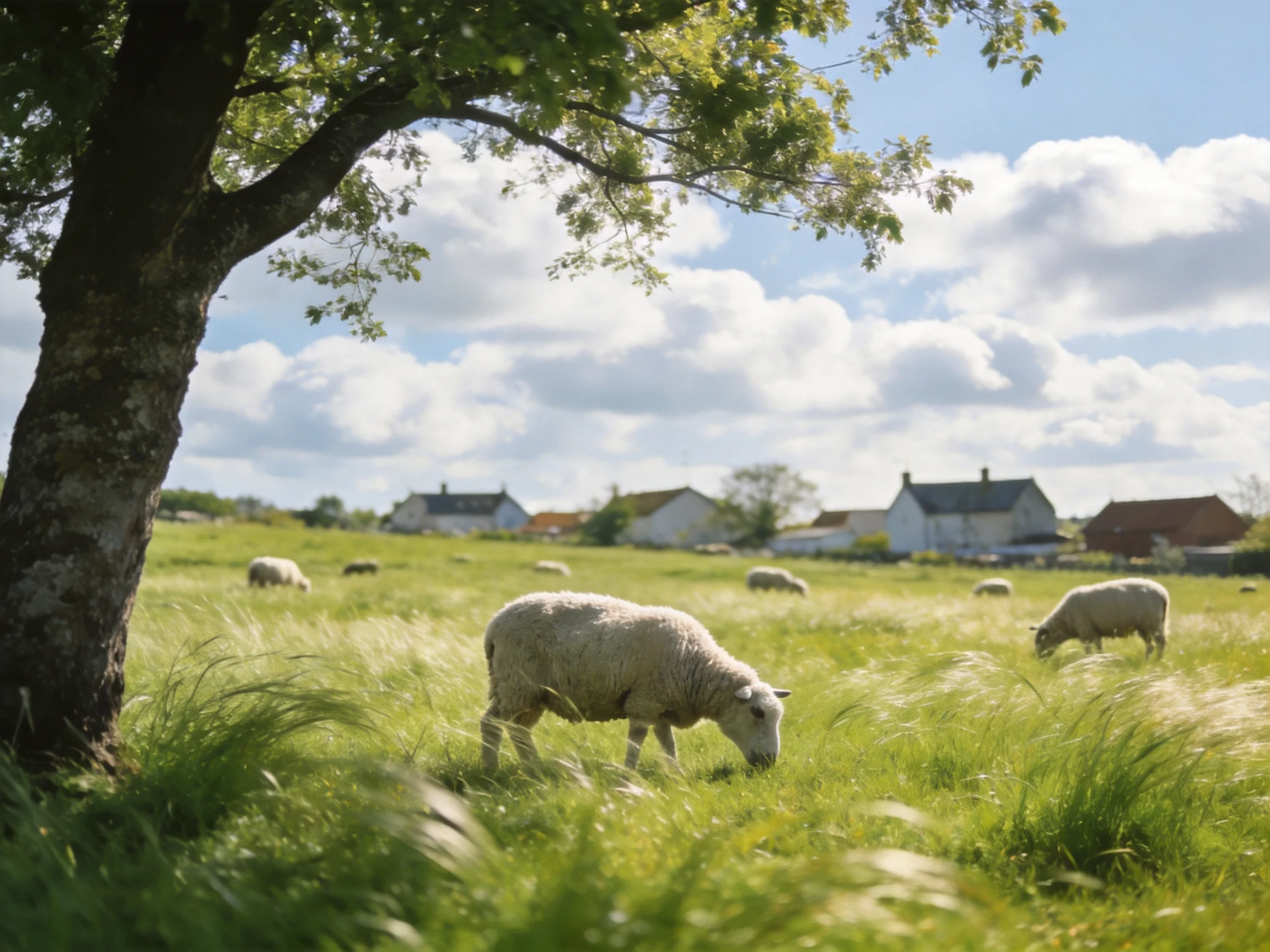 Sheep graze in a lush green meadow near rural homes