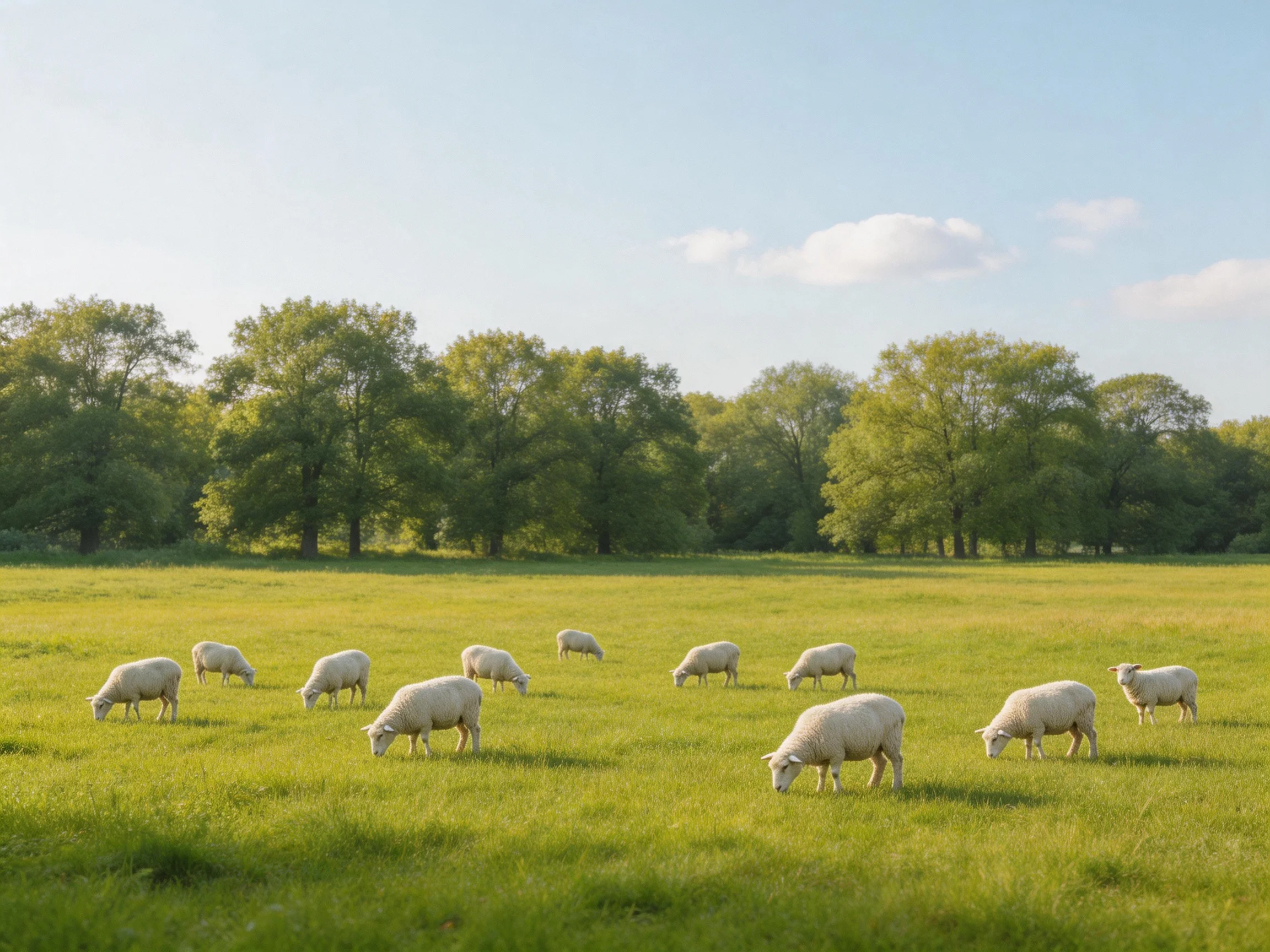 Sheep graze in a lush green meadow near tall leafy trees